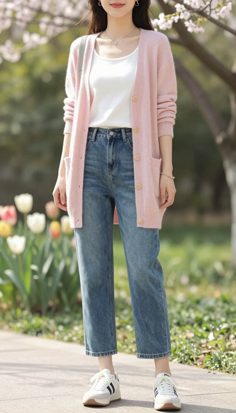 A fashionable woman in a light, airy setting, wearing a soft pastel cardigan layered over a comfortable white tank top, paired with relaxed-fit mid-blue jeans. She stands confidently, her expression joyful and relaxed, embodying effortless style. Accessories include delicate bracelets and trendy sneakers that complement the spring vibe. The background features blooming flowers and lush greenery, softly blurred to emphasize her outfit. Natural sunlight filters through the trees, creating a warm and inviting atmosphere. The angle is slightly low to capture the full outfit while showcasing her as the focal point. The overall mood is fresh, cheerful, and perfect for spring casual outings, evoking feelings of warmth and comfort without any distractions.