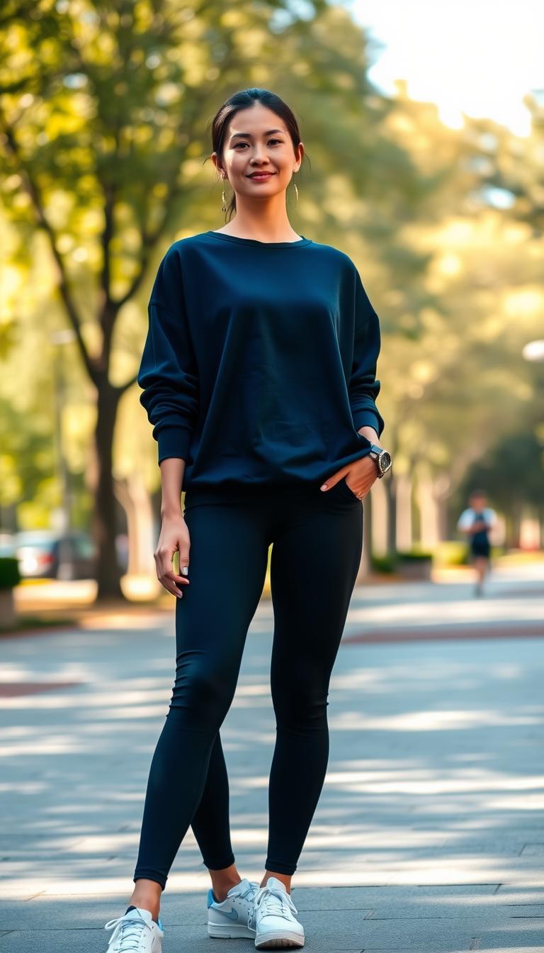 A fashionable woman is wearing classic black leggings paired with a cozy oversized sweatshirt in a deep navy blue. She stands confidently, with a slight smile, in an urban park setting. The background features soft-focus trees and walking paths, capturing a bright sunny day. The foreground showcases the model from the waist up, highlighting the casual yet chic style of the outfit. The lighting is soft and natural, casting gentle shadows that accentuate the textures of the fabrics. A slight tilt from a low angle gives a sense of empowerment and approachability, while the overall mood is relaxed and energetic, suitable for a sporty casual lifestyle.