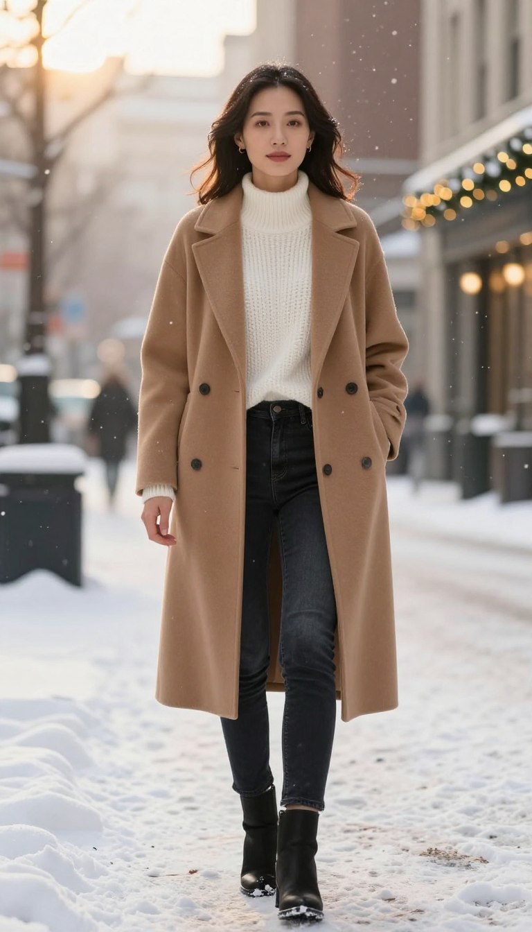 A fashionable woman stands confidently in an urban winter setting, showcasing a trendy outfit featuring a long, tailored wool coat in a rich camel color. Underneath, she wears a cozy, chic knit top in ivory, paired with dark, well-fitted jeans that accentuate her silhouette. The foreground captures her stylish black ankle boots, enhancing the winter aesthetic. In the middle ground, snow gently falls, creating a serene atmosphere, while the backdrop includes softly blurred city buildings adorned with twinkling holiday lights. The scene is illuminated by soft, golden-hour sunlight, casting a warm glow that enhances the inviting winter vibe. The overall mood is stylish and elegant, capturing the essence of casual winter fashion.