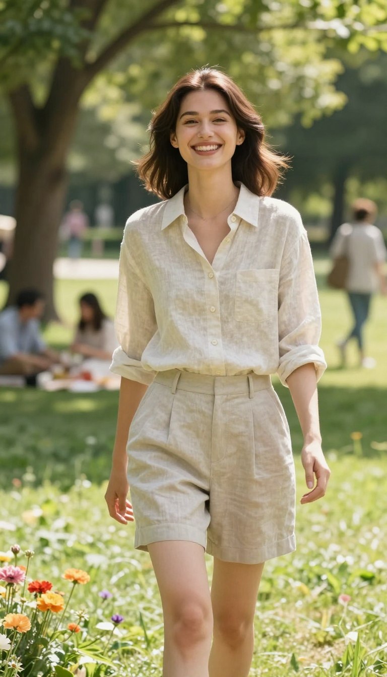 A lively summer scene featuring a woman in a stylish linen button-down shirt paired with tailored shorts. The foreground captures her standing casually in a sunlit park, smiling joyfully. She wears light, breezy colors, with soft textures that evoke comfort and elegance. In the middle, lush green grass and vibrant flowers enhance the summer vibe, while a few trees provide dappled sunlight, creating a warm, inviting atmosphere. The background includes blurred figures enjoying picnics and walking, to maintain focus on the outfit. The image is taken with a soft-focus lens to emphasize the subject, illuminated by natural sunlight, evoking a cheerful and relaxed summer day.