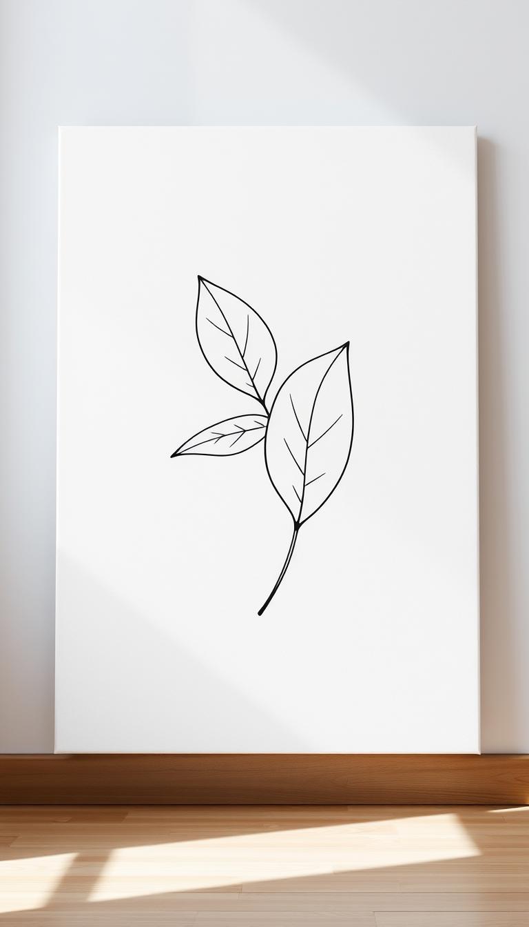 A minimalist line-drawing canvas depicting two intertwined leaves gracefully flowing across the center. The foreground features clean, delicate black lines showcasing intricate details of the leaves, while maintaining a sense of simplicity. The middle ground softly blends into a neutral-toned canvas background, creating an inviting and serene atmosphere. Subtle shadows beneath the leaves add depth without overwhelming the minimalist aesthetic. Gentle natural lighting casts a soft glow, enhancing the textures of the canvas and the elegance of the line art. The composition's balanced arrangement evokes tranquility and a modern artistic feel, perfect for a contemporary home decor piece.