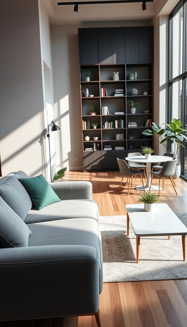 A modern living room designed for small spaces, showcasing multi-functional furniture. In the foreground, a stylish sofa that converts into a bed and a sleek coffee table with storage underneath. In the middle, a compact dining table that can be folded against the wall when not in use, with minimalist chairs that stack neatly. The background features a well-organized bookshelf that doubles as a room divider, filled with books and decorative plants. Soft, natural light filters through a large window, casting gentle shadows, creating an inviting atmosphere. The color palette consists of warm neutrals with pops of greenery, emphasizing a cozy yet functional space. The shot is taken with a wide-angle lens, capturing the entirety of the room while maintaining depth and perspective.