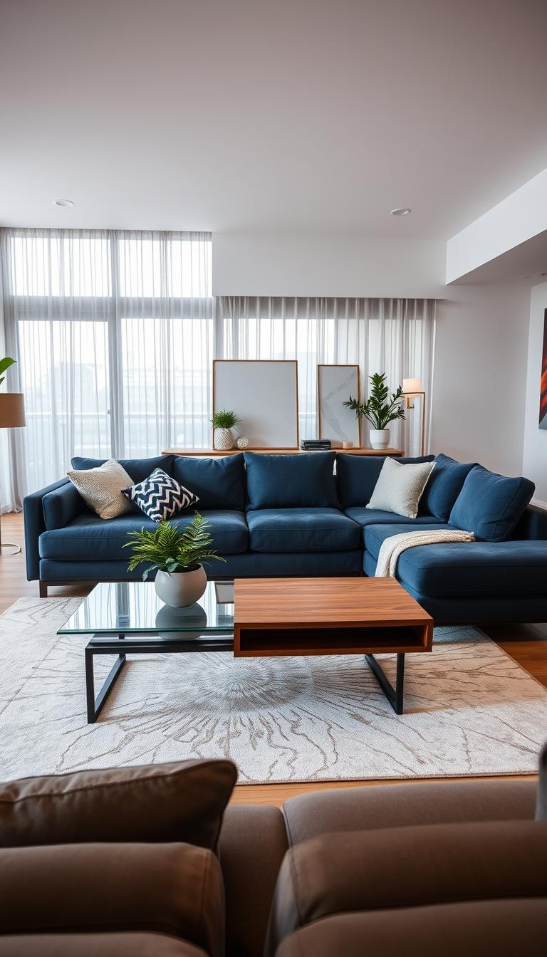 A modern living room featuring an elegant sectional sofa arrangement as the focal point. The sectional is upholstered in a rich navy blue fabric, complemented by a mix of decorative cushions in various textures and patterns. In the foreground, a sleek coffee table made of glass and wood rests atop a stylish area rug, adding warmth to the scene. The middle ground showcases a contemporary entertainment unit with minimalistic decor and a potted plant, enhancing the cozy atmosphere. The background reveals large windows draped with sheer curtains, allowing soft natural light to flood the space. The overall mood is inviting and sophisticated, conveying comfort and style in a modern home. Use a wide-angle lens to capture the full ambiance, maintaining a bright and airy feel throughout the composition.