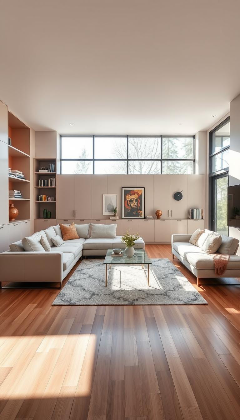A modern living room featuring sleek built-in storage solutions that blend seamlessly with the design. In the foreground, a stylish sectional sofa in neutral tones sits against a backdrop of custom cabinetry that showcases decorative items and books. The middle of the room highlights a minimalist coffee table and an artistic area rug, creating an inviting layout. In the background, large windows allow natural light to flood the space, casting soft shadows across the polished hardwood floor. The atmosphere is bright and airy, with a contemporary aesthetic characterized by clean lines and a harmonious color palette. Use a wide-angle shot to capture the full depth of the room, emphasizing both functionality and elegance.