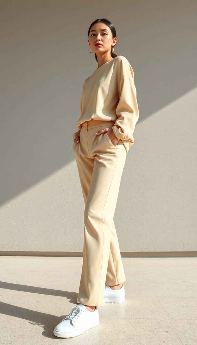 A modern minimalist woman stands confidently in a monochrome beige outfit, featuring a structured, oversized beige top paired with tailored, matching beige pants that elegantly drape to her ankles. She wears sleek white sneakers for a casual yet chic vibe. The foreground captures the outfit's details, showcasing clean lines and modern silhouettes. In the middle ground, a softly textured gray wall provides a neutral backdrop, highlighting the outfit's simplicity. The lighting is bright and natural, creating a fresh ambiance that accentuates the outfit's color and style. The angle is slightly low, emphasizing the model's relaxed posture and confident stance, evoking a sense of sophistication and effortless style. The overall mood is serene and stylish, perfect for a minimalist aesthetic. No text or additional elements are present.