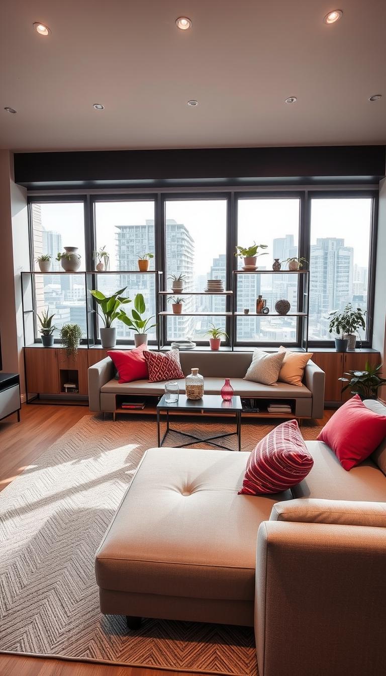A modern, stylish small living space featuring slimline furniture designed for optimal space-saving. In the foreground, showcase a sleek, minimalist sofa with integrated storage underneath, adorned with colorful throw pillows. The middle layer includes a compact coffee table with a glass top and slim metal legs, surrounded by open shelving displaying plants and decorative items. The background features a panoramic window allowing natural light to flood the room, enhancing the cozy atmosphere. Soft, warm lighting accents the furniture, creating a welcoming vibe. Use a wide-angle lens to encapsulate the full ambiance, emphasizing the innovative decor solutions for small spaces. The mood is inviting and functional, perfect for contemporary urban living.