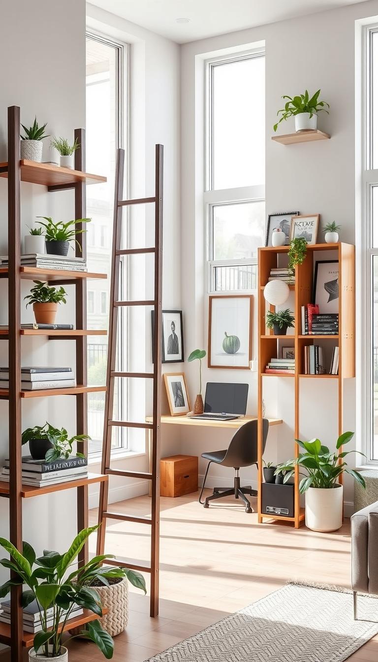 A modern, stylishly designed room showcasing clever vertical storage solutions. In the foreground, sleek wooden shelves are stacked with vibrant plants, books, and decorative boxes, while a tall, elegant ladder leans against one shelf, adding depth. The middle of the scene features a compact office nook with wall-mounted storage for office supplies and framed artwork, creating an organized yet cozy workspace. In the background, large windows let in soft, natural light that highlights the airy atmosphere. The room is decorated with neutral tones and pops of color, evoking a sense of creativity and practicality. The overall mood is chic and inviting, ideal for maximizing space in small homes.