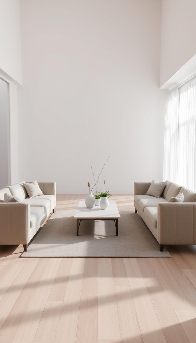 A serene minimalist living room layout emphasizing symmetry, featuring a central low-profile coffee table surrounded by two identical, comfortable sofas facing each other. The foreground showcases a soft area rug in neutral tones enhancing the space's calmness. In the middle, two potted plants with sleek vases add a touch of greenery, contrasting with the light wooden flooring. The background displays a large window with sheer curtains allowing natural light to flood in, casting soft shadows. The overall color palette includes whites, beiges, and muted grays, creating a tranquil atmosphere. The scene is captured from a slightly elevated angle, resembling a contemporary architectural photograph with soft diffused lighting that enhances the minimalist aesthetic.