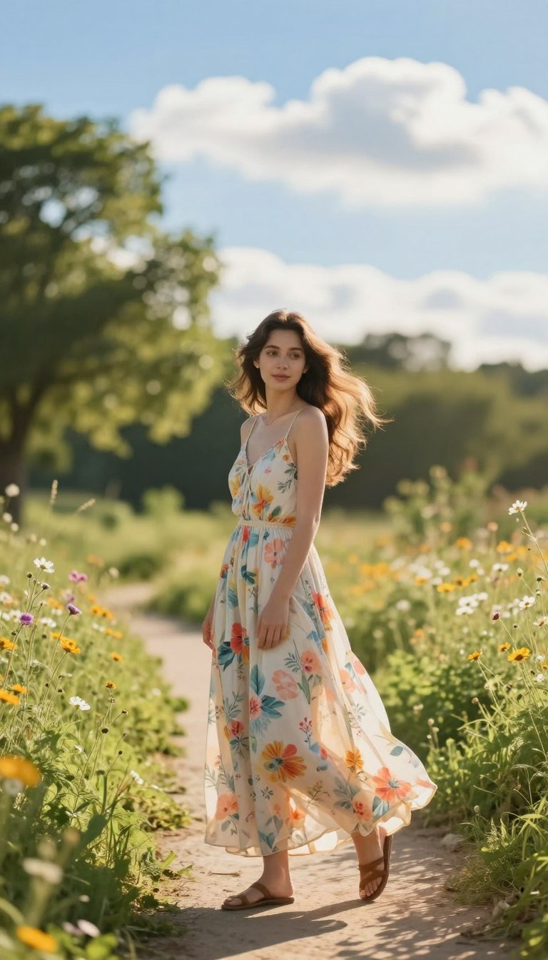 A serene outdoor scene featuring a woman in a flowing, casual maxi dress, perfect for summer. The dress is made of lightweight fabric, adorned with vibrant floral patterns in soft pastel colors. In the foreground, she stands elegantly on a sunlit pathway surrounded by lush greenery and wildflowers, her hair gently swaying with a light breeze. The middle ground shows a blurred bokeh effect of sunlit trees, enhancing the warm, inviting atmosphere. The background captures a clear blue sky dotted with fluffy white clouds, reflecting the carefree essence of summer. The lighting is soft and golden, as if bathed in the warm glow of late afternoon sun, emphasizing the relaxed and joyful mood of the scene.