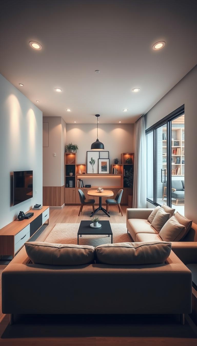 A small living room layout designed for modern homes, showcasing a clever use of space. In the foreground, a cozy, minimalist sofa with neutral-toned cushions and a sleek coffee table, positioned to optimize the viewing angle towards a compact television unit. In the middle, an efficient arrangement of a small dining area with a round table and stylish chairs, adjacent to a bookshelf filled with curated decor and plants. The background features a large window allowing soft natural light to illuminate the space, enhancing the airy atmosphere. Soft, warm lighting from embedded ceiling fixtures adds to the inviting mood. The perspective is a wide-angle shot, capturing the essence of a smart, functional layout that reflects style and comfort in a compact environment.