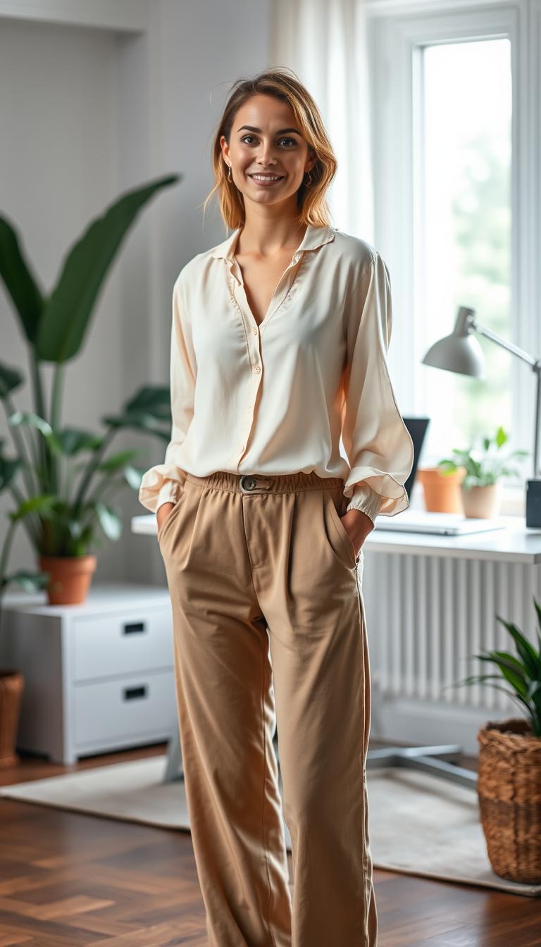 A soft, elegant blouse outfit for women, showcasing a light, flowing blouse in delicate pastel colors, paired with comfortable pull-on pants in a neutral tone. The blouse features subtle details like ruffles or a slight sheen, complemented by a relaxed fit. In the foreground, a stylish, feminine model stands confidently, wearing minimal accessories, with a warm, approachable smile. The background features a cozy, well-lit home office setting, with a stylish desk, plants, and natural light filtering through a window. The atmosphere conveys tranquility and professionalism, perfect for a casual work-from-home environment. The image is captured in soft focus with gentle, diffused lighting, creating an inviting and inspiring scene that emphasizes comfort and chic styling.