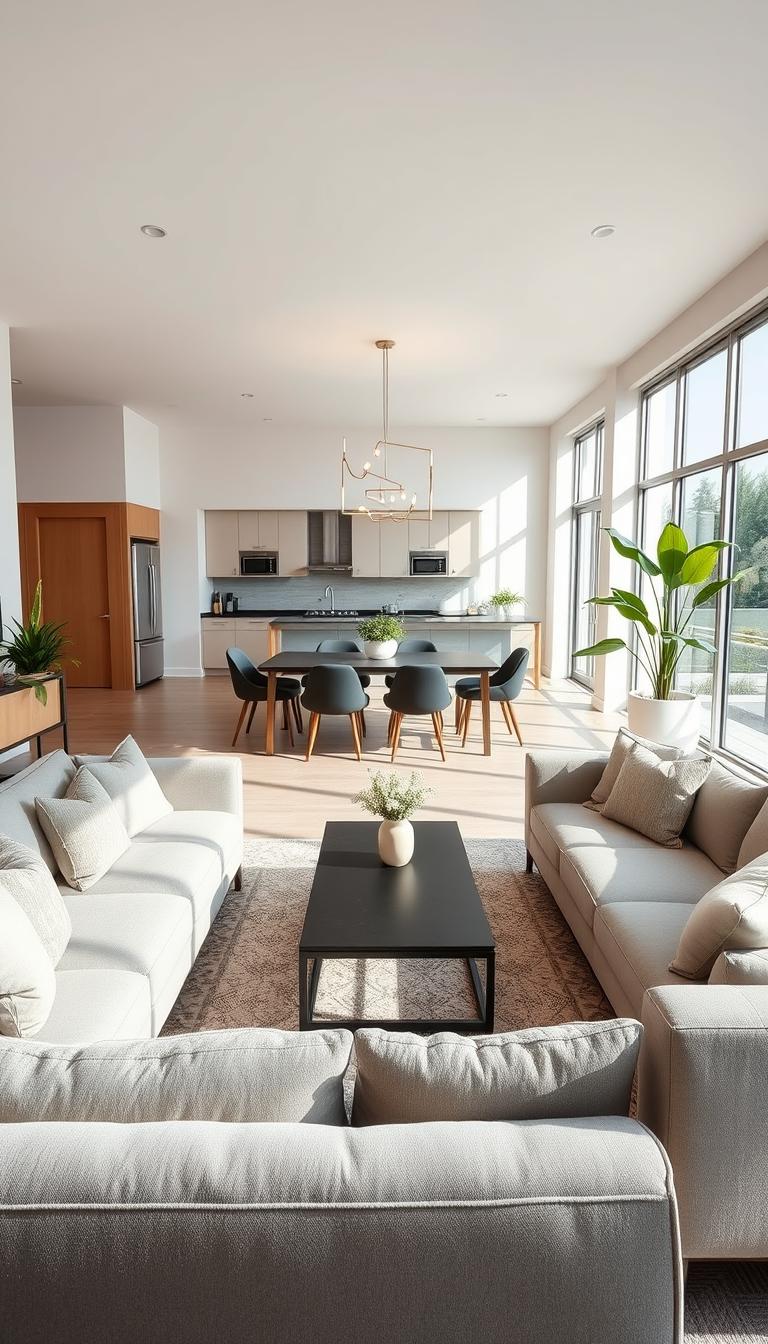 A spacious open-concept living room with a seamless flow between the kitchen and lounge area. In the foreground, plush couches with soft cushions face a sleek, modern coffee table. A stylish area rug ties the seating arrangement together. The middle ground features an elegant dining table, surrounded by contemporary chairs, with pendant lighting casting a warm glow. Large windows allow natural light to flood the room, enhancing the airy atmosphere. In the background, a minimalist kitchen with stainless steel appliances and a breakfast bar is visible. The scene should evoke a sense of comfort and Modern elegance, with neutral color palettes and pops of greenery from potted plants. The image should be captured with a wide-angle lens to emphasize the openness and flow of the space, conveying a welcoming and contemporary vibe.