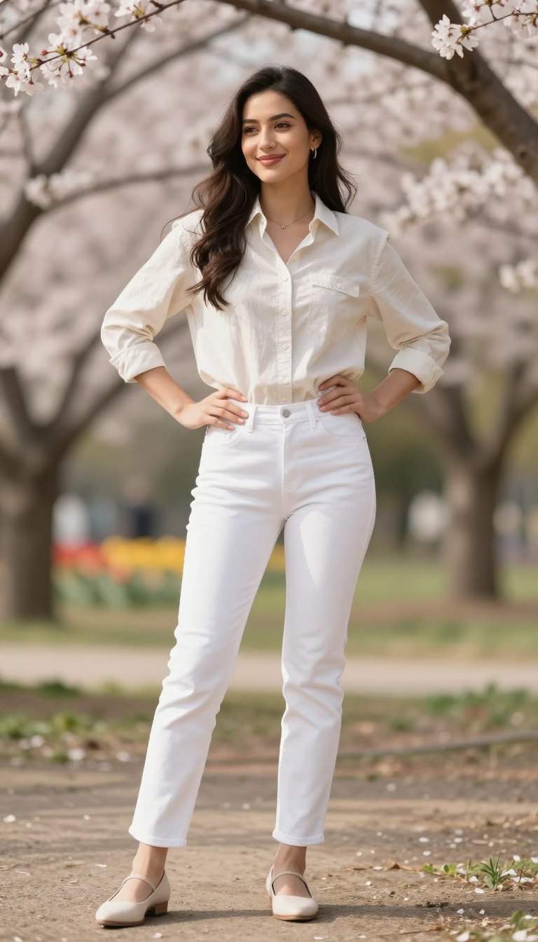 A stylish, casual spring outfit featuring a button-down shirt in light cotton fabric, paired with crisp white jeans and elegant flats. The foreground showcases a model with a cheerful expression, standing confidently with her hands on her hips. She has long, flowing hair, styled naturally. The scene is set against a softly blurred park background, filled with blossoming trees and hints of colorful flowers, evoking a fresh and vibrant atmosphere. The lighting is warm and inviting, suggesting a sunny spring day, with soft shadows enhancing the details of the outfit. The image is captured from a slightly low angle to emphasize the outfit while maintaining a sense of approachability. The mood is relaxed and effortlessly stylish, perfect for casual outings.