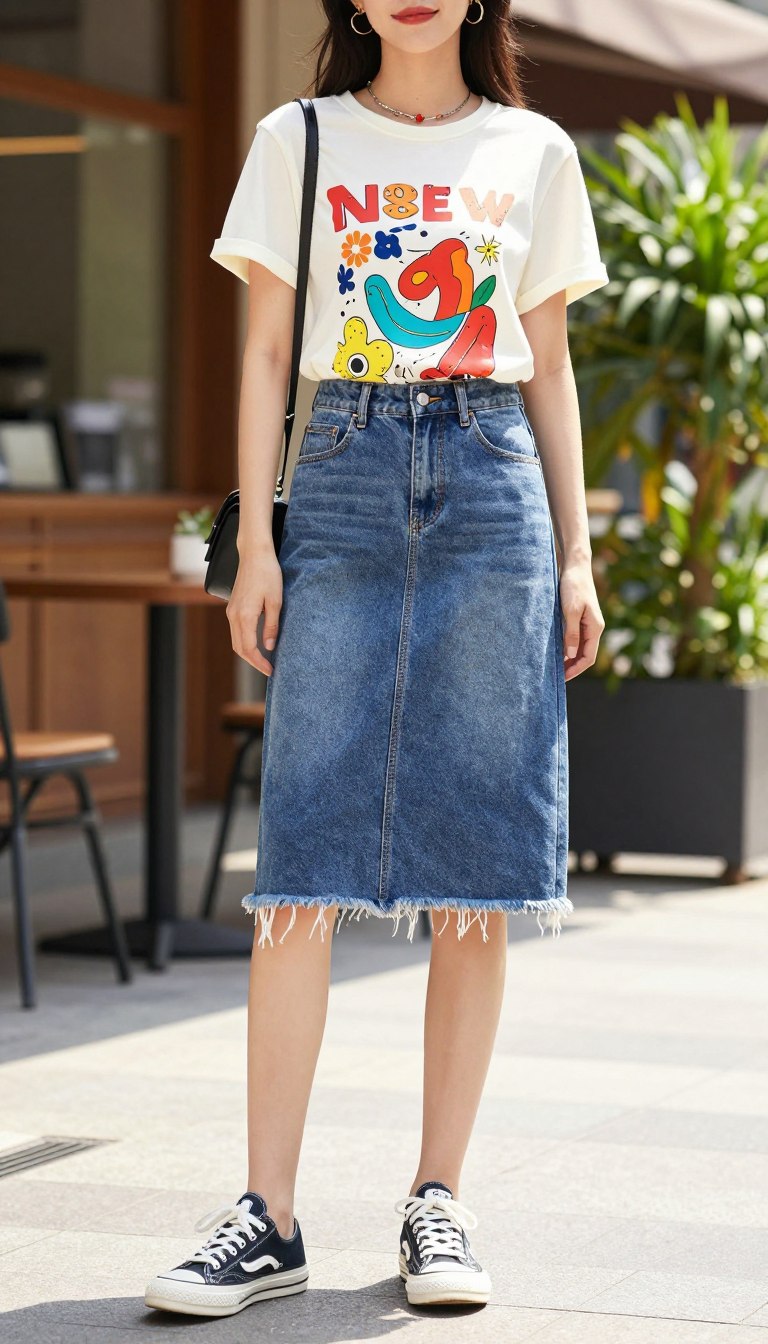 A stylish female model stands confidently in a sunny urban setting, showcasing a trendy summer outfit featuring a chic denim skirt paired with a vibrant graphic tee. The denim skirt is slightly frayed at the edges, accentuating a casual vibe, while the graphic tee displays an eye-catching design in bright colors. The model's outfit is completed with stylish sneakers and minimal accessories. In the background, a soft-focus café and lush greenery add to the warm summer atmosphere. The lighting is bright and inviting, capturing the essence of a lively summer day. The shot is framed from a medium angle, emphasizing the outfit without distractions. The overall mood is laid-back, fashionable, and perfect for casual outings.
