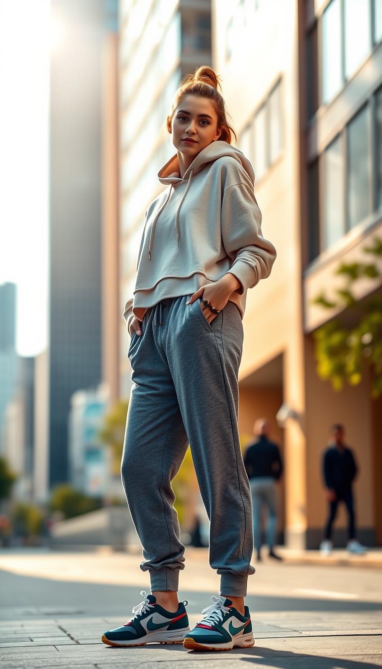 A stylish female model stands confidently in an urban setting, showcasing a trendy outfit consisting of comfortable joggers paired with a cropped hoodie. The joggers are loose-fitting, made of soft fabric with a subtle pattern, while the cropped hoodie features a modern design with an oversized fit and an eye-catching color. In the foreground, emphasize the model's relaxed pose, with one hand casually tucked into a pocket. In the middle ground, capture details of the outfit such as stylish sneakers and accessories that enhance the athleisure look. The background features a blurred cityscape with soft sunlight filtering through, giving the scene a fresh and vibrant feel. The overall atmosphere is energetic and inspiring, perfect for showcasing a sporty yet fashionable ensemble.