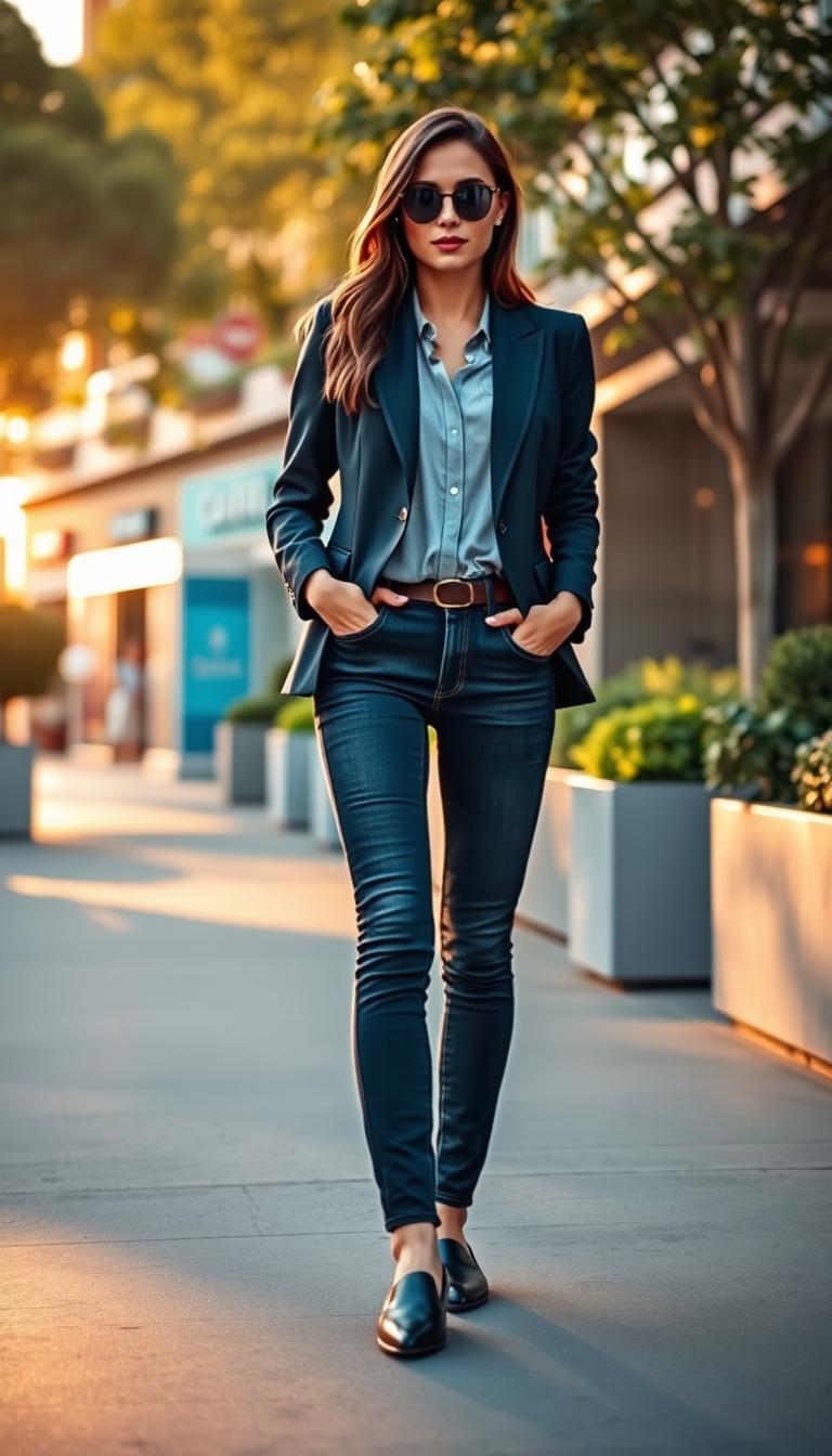 A stylish woman confidently poses in a chic dark wash denim outfit, featuring tailored dark wash jeans paired with a fitted casual blazer in a complementary color. She wears fashionable loafers that enhance her smart-casual look. The foreground focuses on her outfit's details, showcasing textures and colors, while the middle ground reveals a vibrant urban setting with trendy storefronts and soft greenery. In the background, a warm sunset casts a golden glow, creating a relaxed and inviting atmosphere. The scene uses bright, natural lighting to highlight the outfit, captured with a shallow depth of field for emphasis. The overall mood is casual yet sophisticated, perfect for everyday wear.