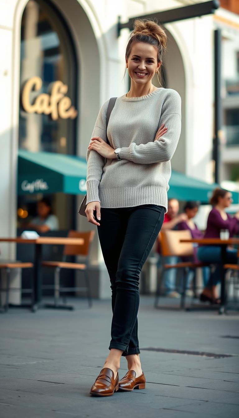 A stylish woman confidently poses in a chic, minimalist outfit, featuring a soft, neutral knit sweater in beige paired with fitted black jeans. She wears classic brown loafers that complement the ensemble. The scene is set in an urban environment, with a blurred café in the background. Bright, natural daylight illuminates the scene, casting soft shadows that create a relaxed atmosphere. The woman has a warm smile and her hair is styled in a casual updo. The composition is shot from a medium angle, focusing on her outfit details while hinting at the bustling city life around her, promoting a vibe of effortless sophistication and modern casualness.
