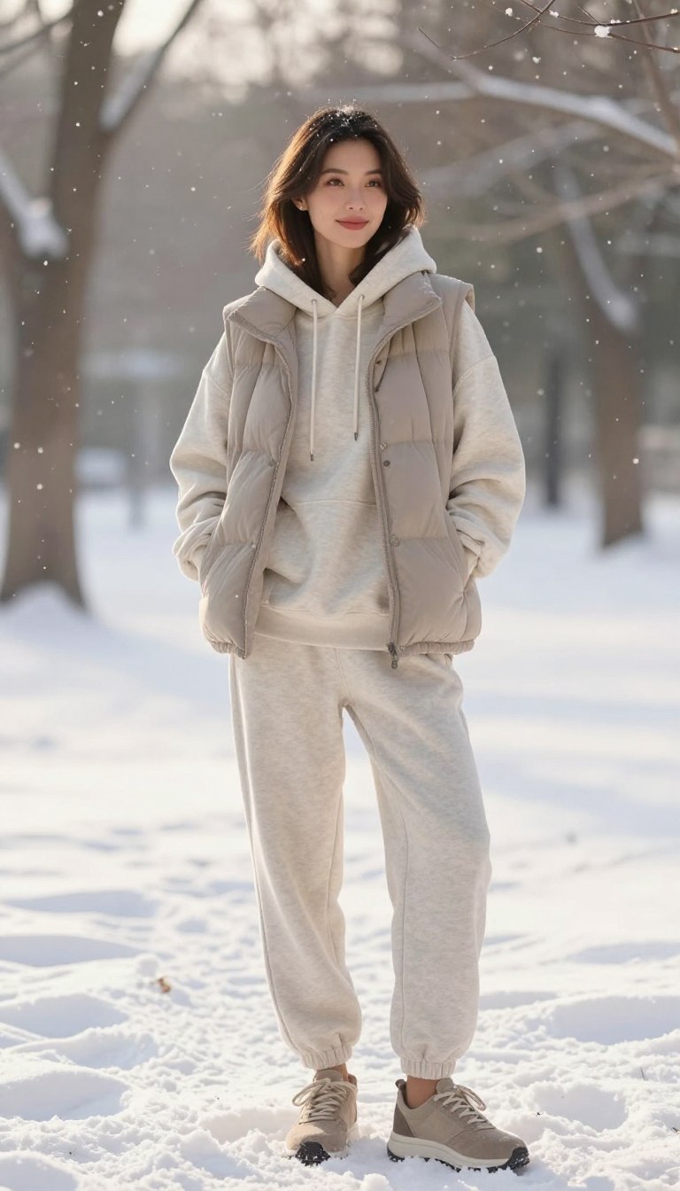A stylish woman dressed in a cozy winter outfit stands confidently in the foreground, showcasing a comfortable combination of a soft, oversized hoodie layered under a warm, quilted vest. She wears relaxed-fit joggers that complement the layered look, emphasizing a casual yet fashionable vibe. The setting is a snowy outdoor scene, with gently falling snowflakes creating a serene winter wonderland in the background. Soft afternoon sunlight filters through the trees, casting a warm glow on the scene, enhancing the inviting ambiance. The woman's expression radiates comfort and contentment, embodying the essence of seasonal style inspiration. Capture the image from a slightly elevated angle to highlight the outfit details while maintaining a natural, candid feeling.
