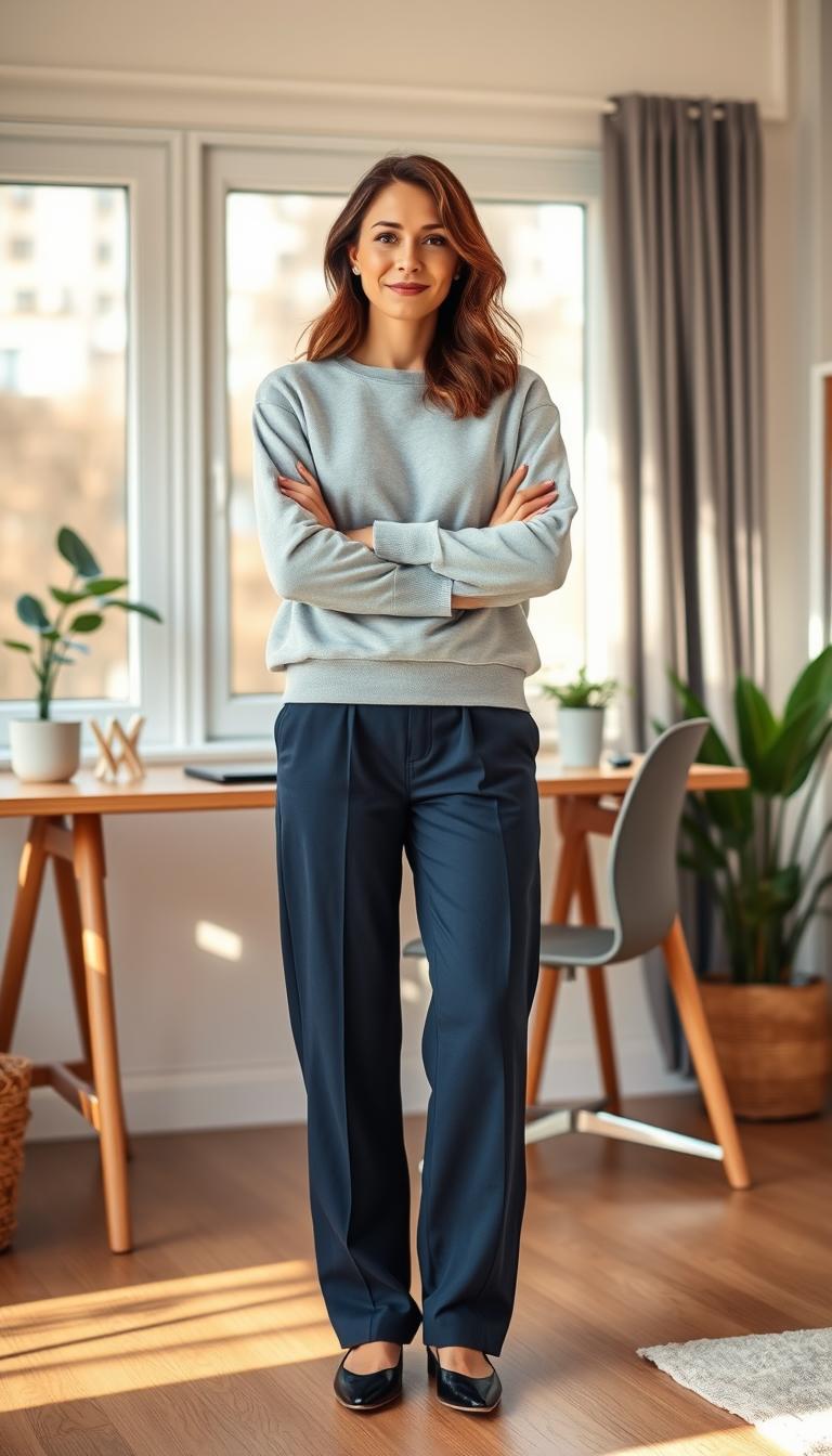 A stylish woman in a cozy and relaxed setting, wearing a soft, light grey crewneck sweatshirt paired with elegant straight-leg pants in navy blue. She stands confidently with her arms crossed, exuding a casual yet professional vibe. The arrangement includes a modern home office backdrop, featuring a sleek desk with minimalistic decor and houseplants. Warm, natural light filters through a large window, casting gentle shadows and creating an inviting atmosphere. The composition is captured from a slightly elevated angle, focusing on the outfit while gently highlighting the surrounding environment, ensuring a balance between the subject and background elements. The mood is comfortable, contemporary, and perfect for a work-from-home lifestyle.