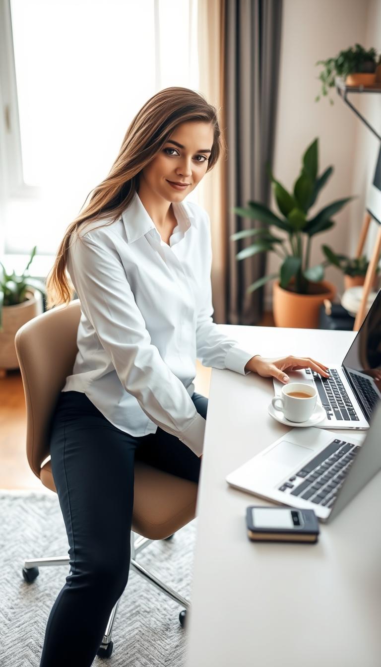 A stylish woman in a cozy home office setting, wearing a crisp, white button-down shirt paired with navy stretch pants. She is seated casually at a modern desk, with a laptop open in front of her and a steaming cup of coffee beside it. The office features soft, natural lighting coming from a large window, creating a warm atmosphere. In the background, there are potted plants and tasteful decor, enhancing the inviting workspace vibe. The camera angle captures the subject from a slight angle to highlight both her outfit and the surrounding environment, emphasizing comfort and professionalism in a work-from-home scenario. The overall mood is relaxed yet polished, perfect for remote work.