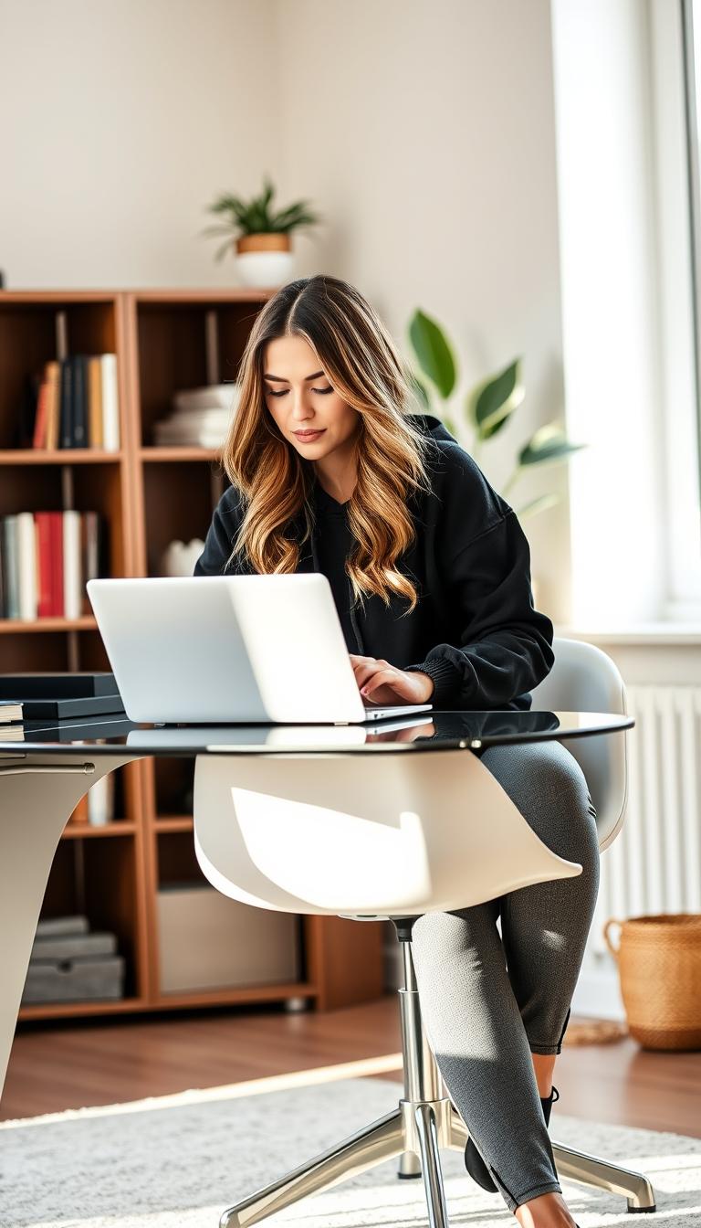 A stylish woman sitting comfortably at a modern desk in a well-lit home office, wearing a chic black hoodie paired with structured gray leggings. In the foreground, the woman has long, wavy hair cascading over her shoulders and is focused on her laptop. The middle background features a tastefully decorated bookshelf and a potted plant, adding a warm touch to the scene. Soft, natural light streams in through a nearby window, creating a cozy yet professional atmosphere. The overall aesthetic is casual and relaxed, suitable for a work-from-home environment, while still exuding elegance and comfort, making it an ideal representation of a casual work outfit.