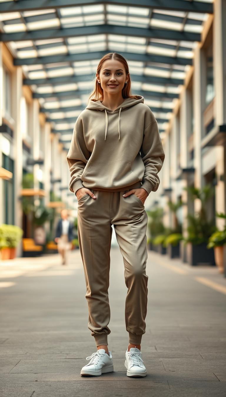 A stylish woman stands confidently in a modern urban setting, dressed in a simple yet elegant outfit featuring a soft, neutral-toned hoodie paired with tailored joggers that have a sleek fit. Her clean white trainers add a fresh, polished touch to the look. In the foreground, the model displays casual sophistication with her relaxed posture and a subtle smile, embodying the essence of minimalist casual fashion. The middle ground includes slightly blurred elements of a canopied street lined with chic boutiques and greenery, enhancing the urban vibe. Soft, natural lighting filters through, creating a warm atmosphere, while the camera angle captures her from a slightly low perspective, emphasizing her confident stance. The overall mood is effortlessly stylish and approachable, making it an ideal representation of timeless casual fashion.