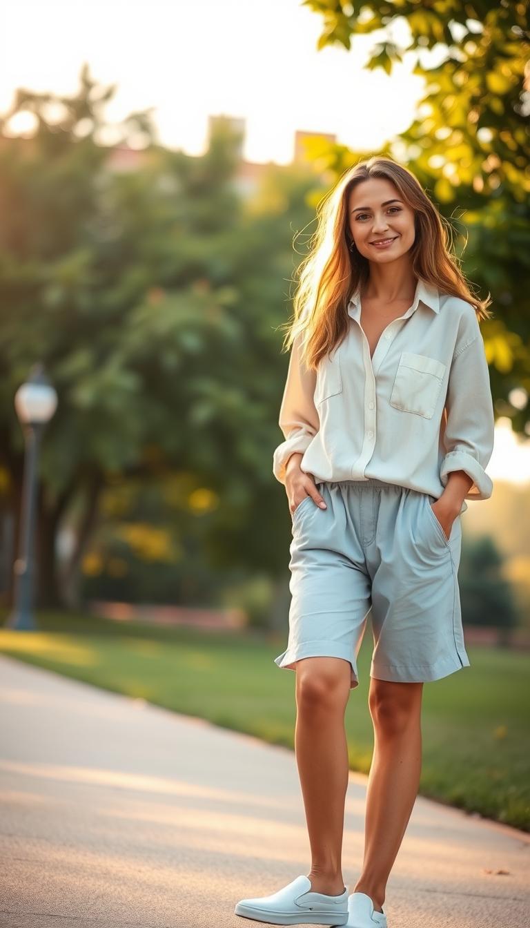 A stylish woman stands confidently in a sunlit outdoor setting, showcasing a minimalist fashion outfit featuring a light, beige linen shirt paired with relaxed-fit, light blue shorts. Her ensemble is completed with comfortable, white slip-on shoes, emphasizing a casual yet chic look. The foreground captures the woman in a natural pose, with soft focus on her outfit details, highlighting the texture of the linen and the relaxed fit of the shorts. In the middle background, a softly blurred park landscape with gentle greenery enhances the summer vibe. The lighting is warm and natural, with a golden hour glow that creates a serene and inviting atmosphere. The overall mood is casual, fresh, and effortlessly stylish, ideal for a minimalist fashion article.