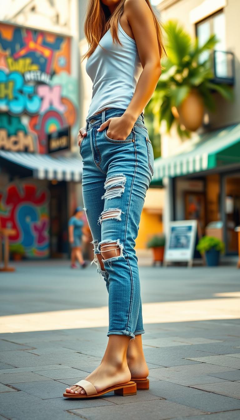 A stylish woman stands confidently in a vibrant urban setting, showcasing a casual denim outfit. She wears distressed high-waisted jeans with strategically placed rips, paired with a simple white tank top that offers a relaxed fit. On her feet are chic flat sandals, completing her effortlessly trendy look. The foreground captures her upper body in a natural pose, exuding comfort and ease. In the middle ground, the urban backdrop features colorful graffiti and quaint shops, blending a modern vibe with everyday life. The lighting is warm and inviting, evoking a sunny afternoon atmosphere. The camera angle is slightly lower, emphasizing the fashion details and creating an approachable yet stylish mood. The overall tone is bright and cheerful, highlighting the versatility of denim in casual attire.