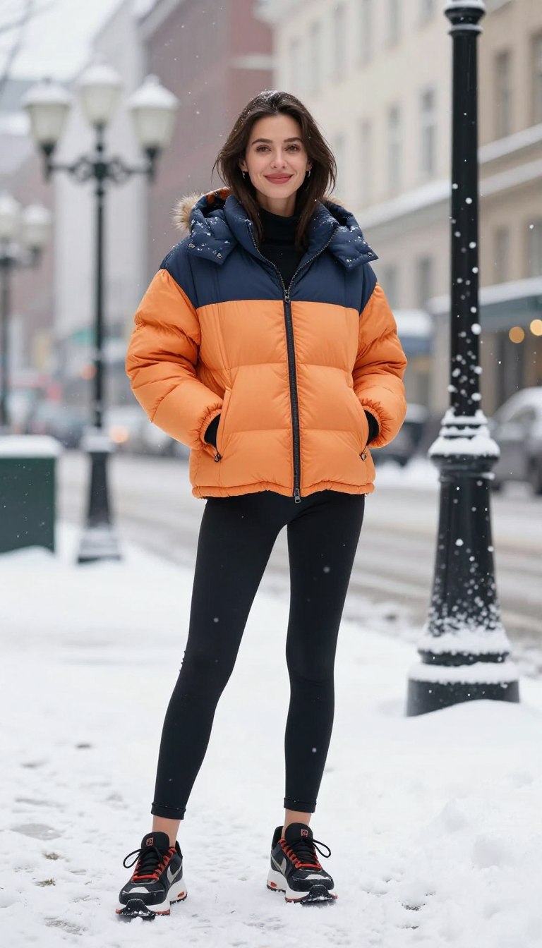 A stylish woman stands confidently in a winter urban setting, showcasing a trendy winter outfit featuring a vibrant puffer jacket, sleek black leggings, and fashionable sneakers. She has her hands in her pockets, with a cheerful expression, radiating warmth against the cool backdrop of snow-dusted city streets. The foreground captures her cozy outfit, while the middle ground reveals charming winter scenery, including lightly falling snowflakes and twinkling street lamps. Soft, diffused natural lighting enhances the scene, creating a cheerful and inviting atmosphere. The image is shot from a slight low angle to accentuate the outfit and the urban environment around her, conveying a sense of modern winter style.