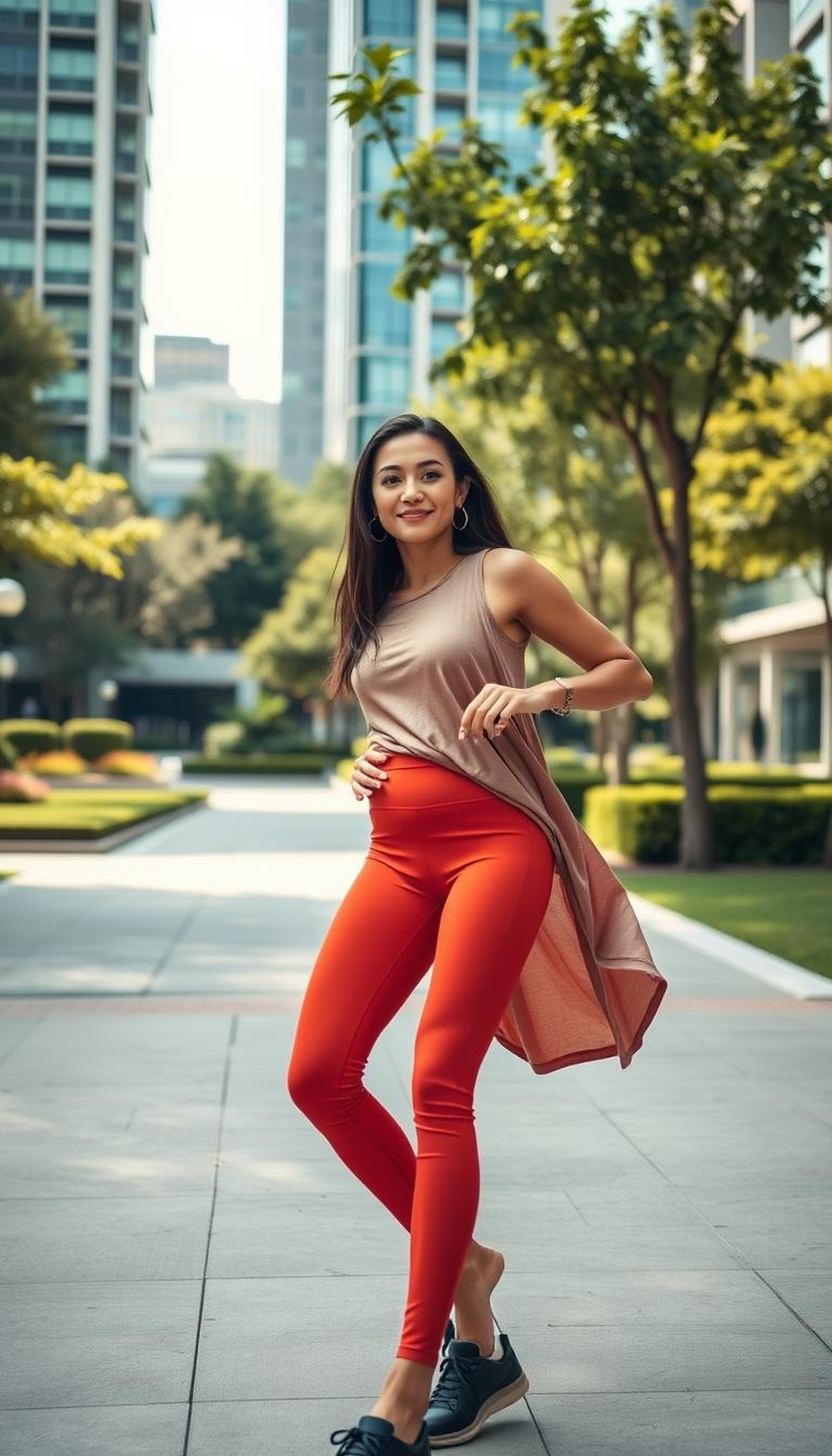 A stylish woman stands confidently in an urban setting, showcasing the latest athleisure fashion trends. She wears high-waisted, form-fitting leggings in a bold color, paired with a flowing longline tank top that features a stylish asymmetrical cut. The tank is a soft, breathable fabric in a complementary, muted tone. In the foreground, she strikes a dynamic pose, perhaps mid-stride or in a relaxed stance with a subtle smile, embodying a casual yet chic vibe. The middle ground features a well-organized city park with greenery and modern architecture in the background, reflecting an active lifestyle. The scene is brightly lit by soft, natural sunlight, creating a warm, inviting atmosphere. The composition is captured at eye level with a wide-angle lens, ensuring a sense of openness and movement.