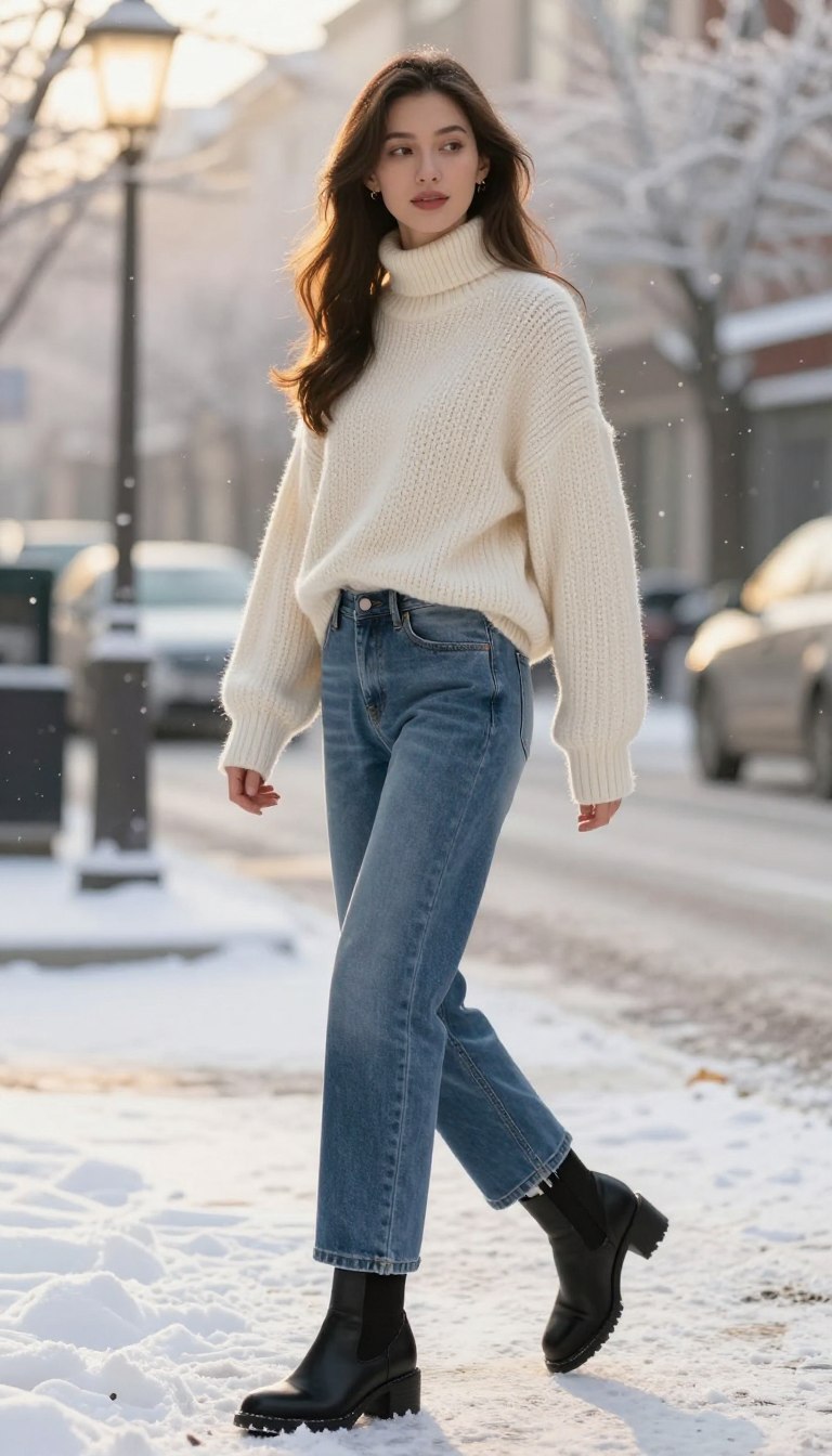 A stylish woman stands confidently on a snowy street, showcasing a chic winter outfit. She wears an oversized knitted sweater in a soft cream color, paired with classic straight-leg jeans that have a slightly relaxed fit. On her feet are stylish ankle boots with a chunky heel, crafted from black leather. The foreground features the woman in mid-stride, with the focus on her outfit details, while the middle ground shows a chic urban environment with gently falling snowflakes. The background includes softly blurred trees adorned with frost, creating a cozy winter atmosphere. Golden hour sunlight filters through the scene, casting a warm glow and enhancing the elegant yet casual vibe of the outfit. The overall mood is inviting and fashionable, perfect for winter style inspiration.