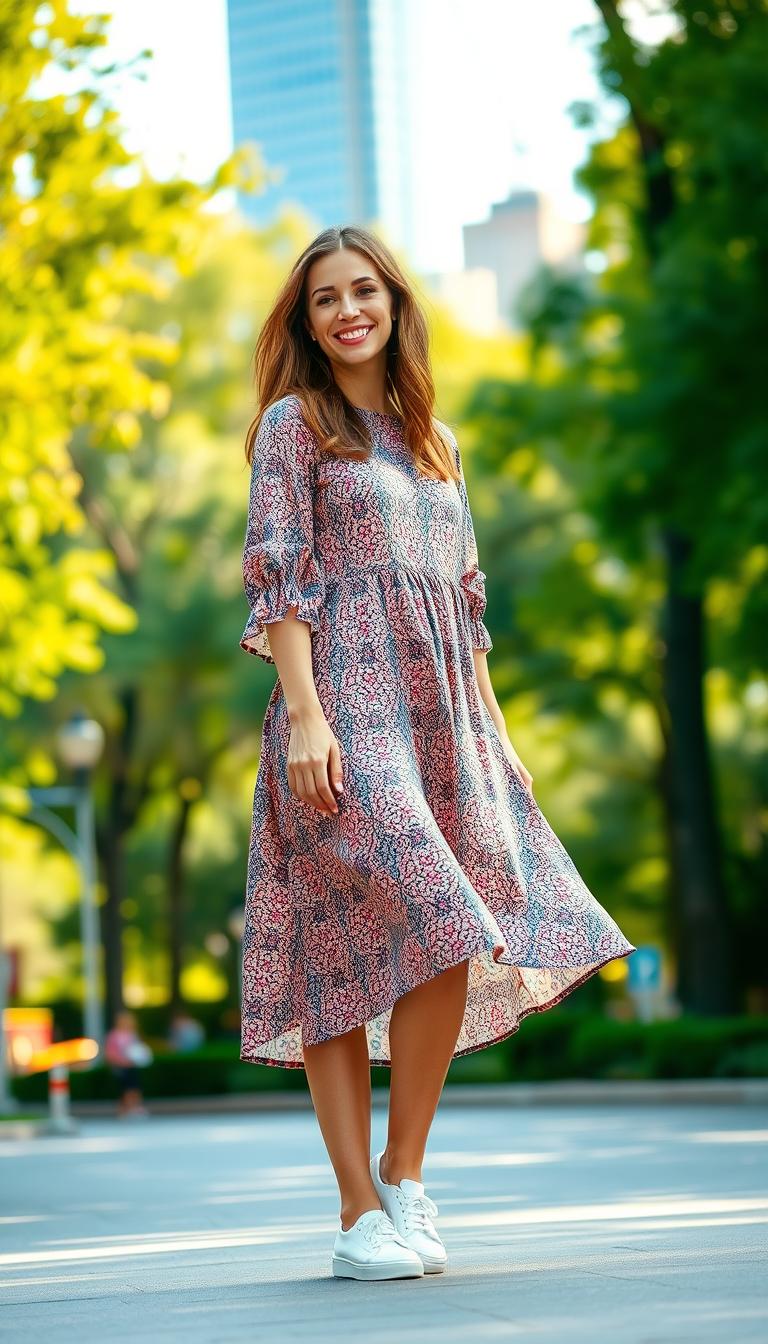 A stylish woman wearing a flowing, patterned midi dress with three-quarter sleeves, paired with trendy white sneakers, stands in an urban park setting. She is captured from a slightly low angle to highlight her confident posture as she smiles softly, exuding a relaxed, joyful vibe. The background features soft green trees and a vibrant cityscape, softly blurred to maintain focus on her outfit. The scene is illuminated by warm, natural sunlight, creating a cheerful atmosphere. The camera lens creates a shallow depth of field, emphasizing the textures of the dress and the clean lines of the sneakers. The overall mood is casual yet fashionable, embodying the essence of weekend leisure.