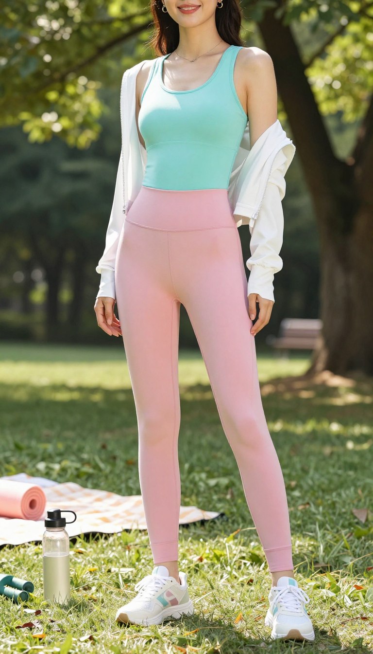 A stylish woman wearing a vibrant athleisure set in a casual summer outfit, with a comfortable fitted tank top and high-waisted joggers in pastel colors. She is accessorized with sporty sneakers and a lightweight zip-up jacket, exuding a relaxed yet trendy vibe. The scene is set outdoors in a sun-drenched park, with soft sunlight filtering through lush green trees in the background. Include details like a picnic blanket nearby, and a few fitness accessories like a yoga mat or water bottle in the foreground. The angle should be slightly low to emphasize the outfit while capturing a bit of the serene environment. The overall mood is fresh, vibrant, and effortlessly chic, perfect for warm summer days.