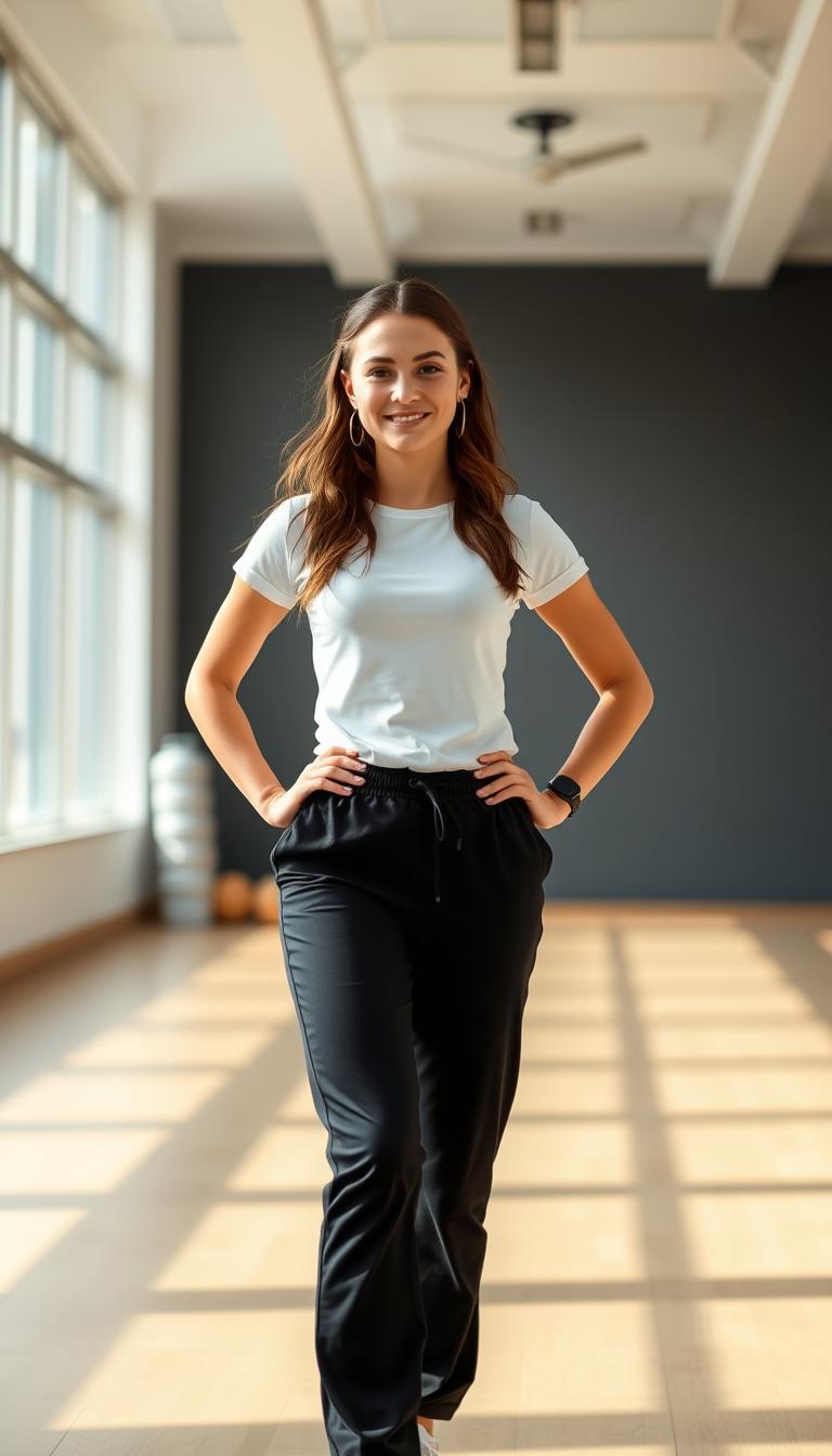A stylish young woman is wearing casual activewear, featuring sleek black track pants and a fitted white tee, creating a sporty yet chic look. She is standing confidently in the foreground, with her hands on her hips, showcasing the comfortable fabric and modern design of her outfit. The background is a bright, airy gym environment, filled with natural light streaming through large windows, enhancing the casual yet active atmosphere. The woman has a relaxed smile, reflecting a sense of empowerment and ease. The image is captured at eye level, using a soft focus to emphasize the subject while maintaining clarity in the background elements. The overall mood is vibrant, encouraging, and sporty, embodying the essence of athleisure fashion for women.