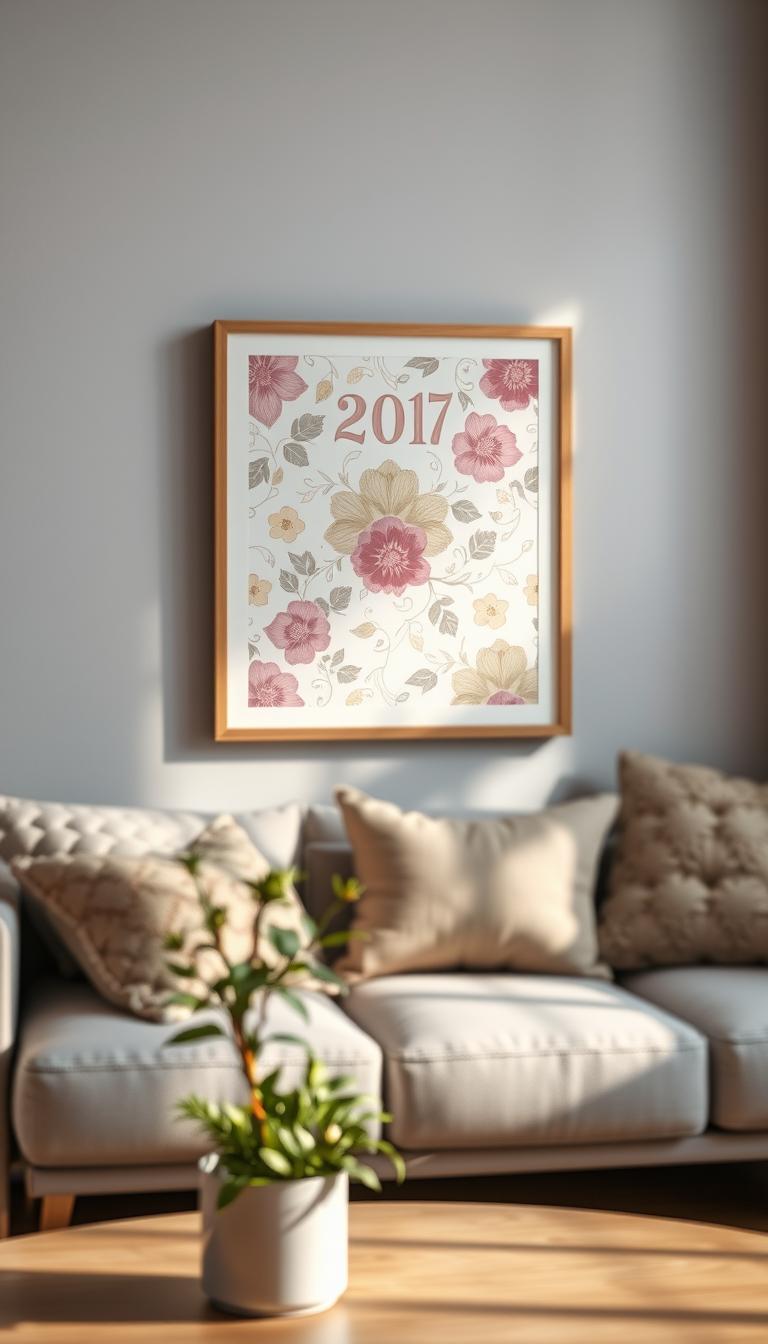 A vibrant and stylish framed wallpaper art piece showcasing an intricate floral pattern in soft pastel colors. The artwork is elegantly displayed in a modern, wooden frame resting against a light gray wall, with the frame casting gentle shadows onto the surface. In the foreground, a small potted plant adds a touch of greenery, while in the middle, the framed art takes center stage, surrounded by ambient lighting that highlights its textures. The background is blurred, featuring hints of a cozy living room setting, with a comfortable couch and decorative throw pillows, creating a warm and inviting atmosphere. The overall mood is creative and inspiring, perfect for a DIY project. The shot is well-lit, mimicking natural daylight with a soft focus effect.