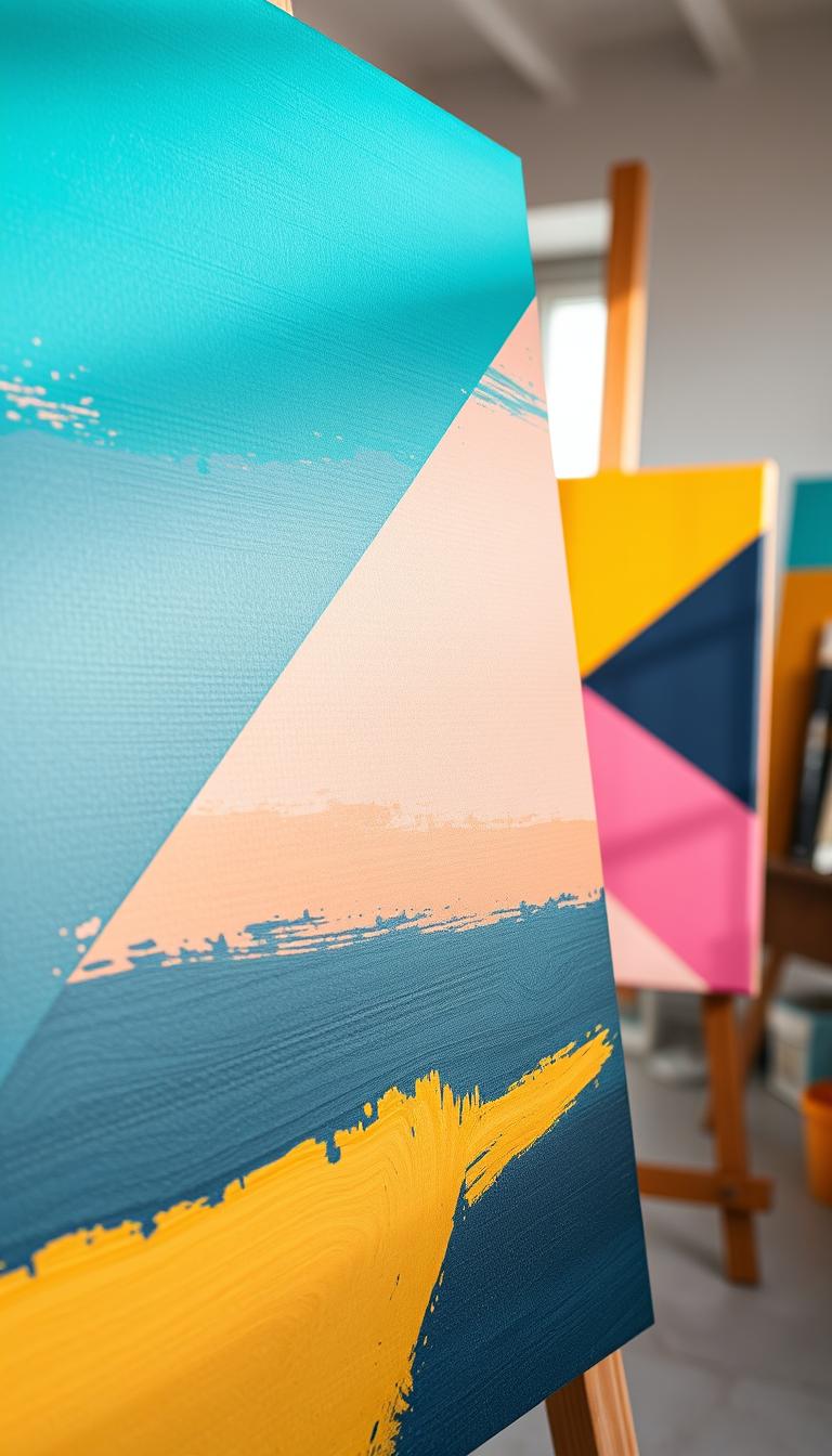 A vibrant painted canvas showcasing color-block art, emphasizing bold geometric shapes in bright, contrasting colors such as teal, mustard yellow, soft pink, and deep navy. In the foreground, a close-up view of the texture of the paint, capturing the brush strokes and layers. The middle section features a large, composed canvas propped against a wooden easel in a sunlit studio, with soft natural light illuminating the colors, creating a warm and inviting atmosphere. In the background, a blurred view of art supplies and additional canvases, adding an artistic context. The overall mood is creative and inspiring, perfect for DIY enthusiasts seeking to explore their artistic side. No text or additional elements present.