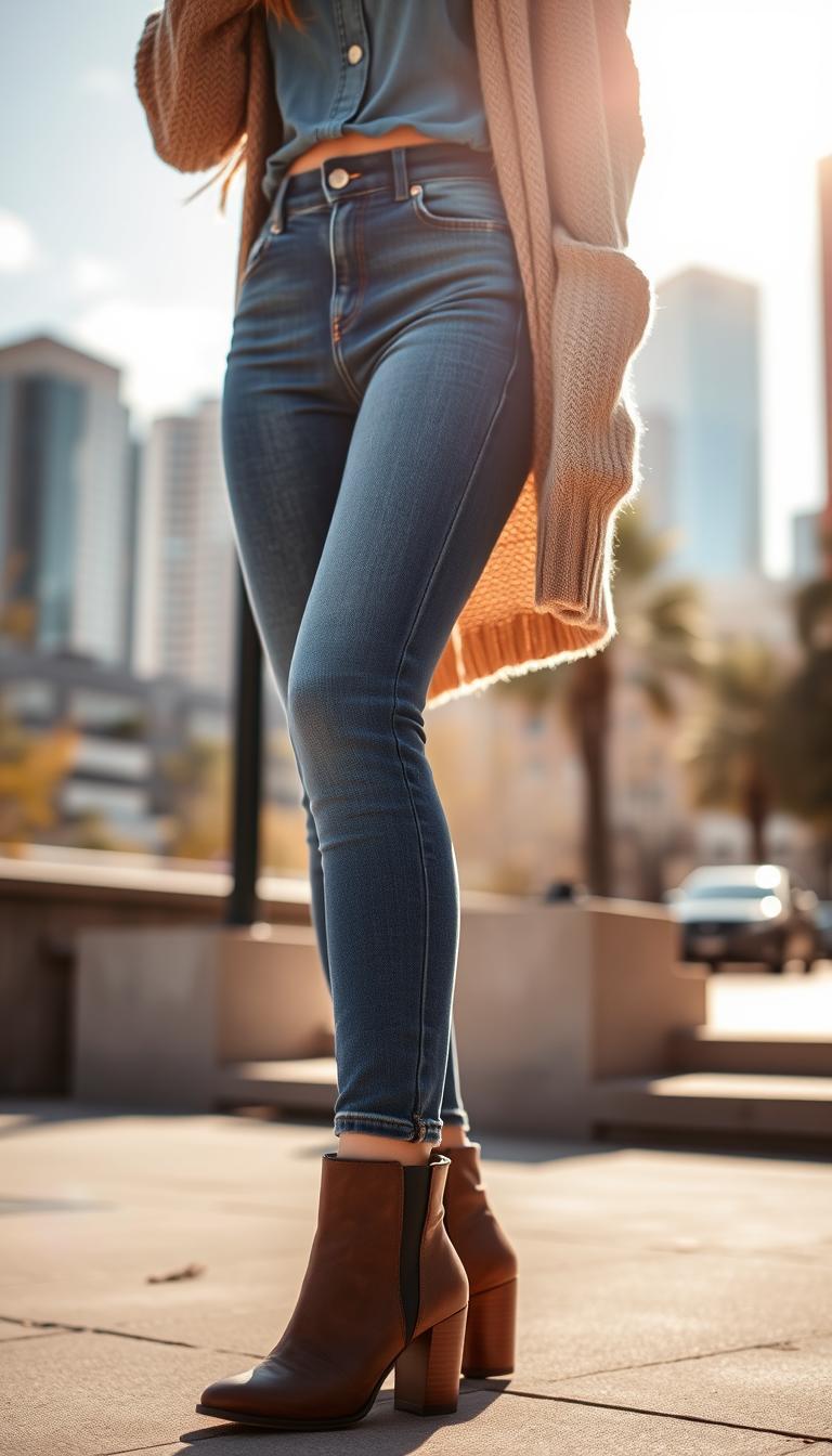 A woman wearing a stylish denim casual outfit featuring fitted skinny jeans paired with a soft, oversized cozy cardigan in a neutral color, complemented by chic ankle boots. She stands confidently in a sunlit urban setting, with a cityscape visible in the background. The focus is on her outfit, with a slight depth of field effect blurring the details of the surroundings. The scene captures a warm and inviting atmosphere, evoking a laid-back yet fashionable vibe. Natural light enhances the texture of the fabrics, emphasizing the denim's classic blue hue and the cardigan’s knitted details. The camera angle is slightly low, creating a dynamic perspective that showcases the outfit's layering and stylish elements. The overall composition is inviting, showcasing modern casual elegance.