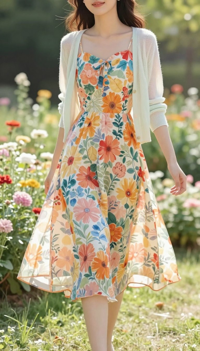 A woman wearing a stylish sundress with a vibrant floral pattern, paired with a lightweight, pastel-colored cardigan, stands in a sunlit outdoor setting. The sundress is knee-length, with flowing fabric that moves gently in the breeze. She has a relaxed posture, enjoying the summer day. The background features a lush garden with blooming flowers and soft greenery, creating a cheerful, vibrant atmosphere. The lighting is bright and warm, suggesting a sunny afternoon, enhancing the colors of her outfit and the surrounding nature. The image is captured from a slightly elevated angle to showcase both the outfit and the idyllic backdrop, giving a sense of depth.