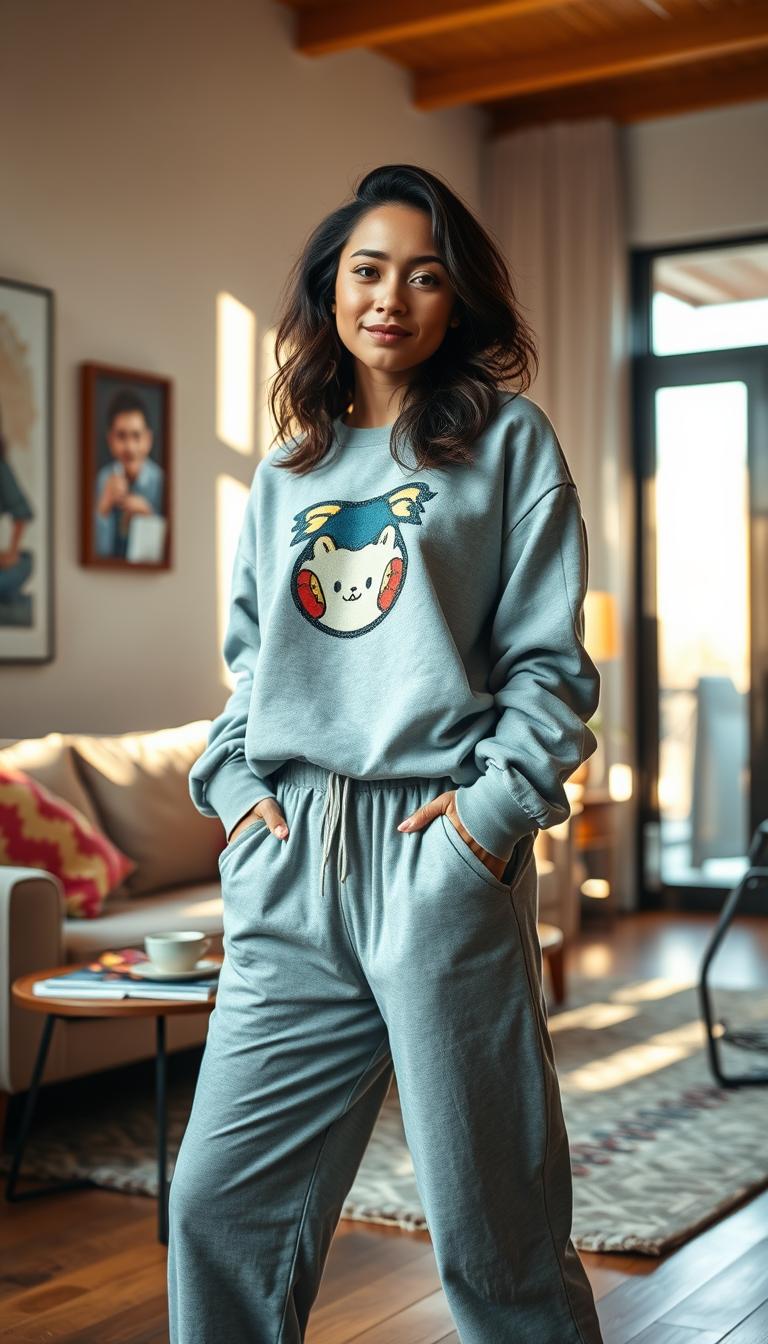 A young woman confidently poses in a cozy, modern living room, wearing a stylish, oversized graphic sweatshirt featuring a trendy design. She pairs it with soft, tapered joggers that have a relaxed fit and an elastic waistband, exuding effortless chic. The foreground highlights her relaxed stance, with a focus on the texture of the fabric and the vibrant colors of the outfit. In the middle ground, a plush sofa with colorful cushions and a small coffee table filled with magazines and a cup of coffee complement the casual home atmosphere. The warm, natural lighting filters through a large window, creating a welcoming and cheerful vibe. The scene conveys the comfort and style of weekend attire, perfect for casual outings or lounging at home.