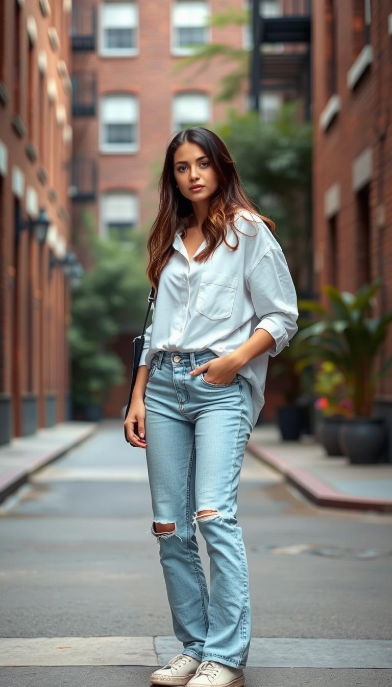 A young woman stands confidently in the foreground, showcasing a trendy light wash mom jeans paired with a crisp oversized white button-down shirt, both elements exuding a relaxed yet stylish vibe. The jeans are slightly distressed at the knees, emphasizing a casual aesthetic, while the shirt is loosely styled, perhaps tucked in at one side for an effortless look. The middle ground features a vibrant urban street scene, with brick walls and greenery creating a fresh backdrop. Soft, natural lighting enhances the colors and textures of her outfit, while a shallow depth of field focuses on the subject, blurring the background slightly. The mood is trendy and laid-back, perfectly capturing the essence of modern casual wear.