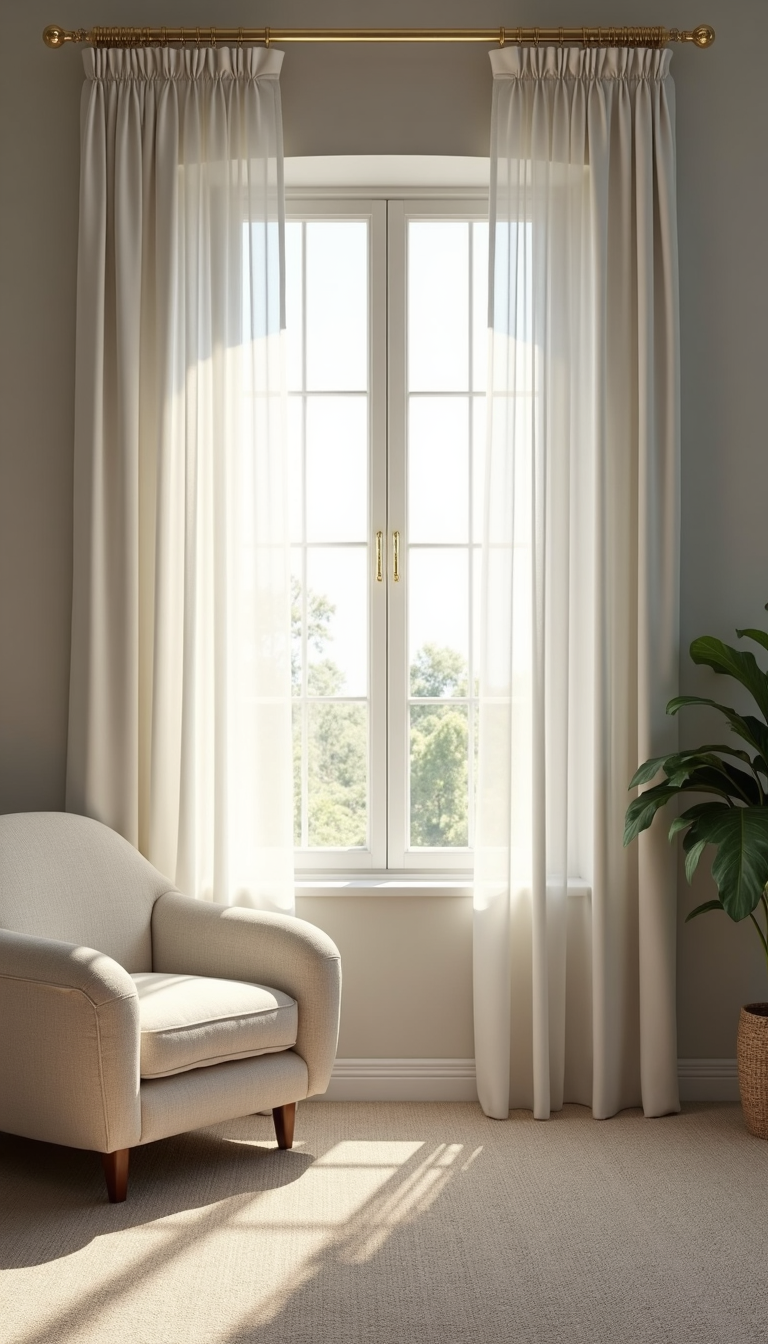 well-lit interior scene featuring a cozy living small space, where the ceiling appears to stretch higher than the window frame, creating an illusion of grandeur. The room's walls are painted a soothing light gray, and the windows are dressed with sheer white curtains that are hung high and cascade elegantly down to the floor, subtly framing the view outside. 