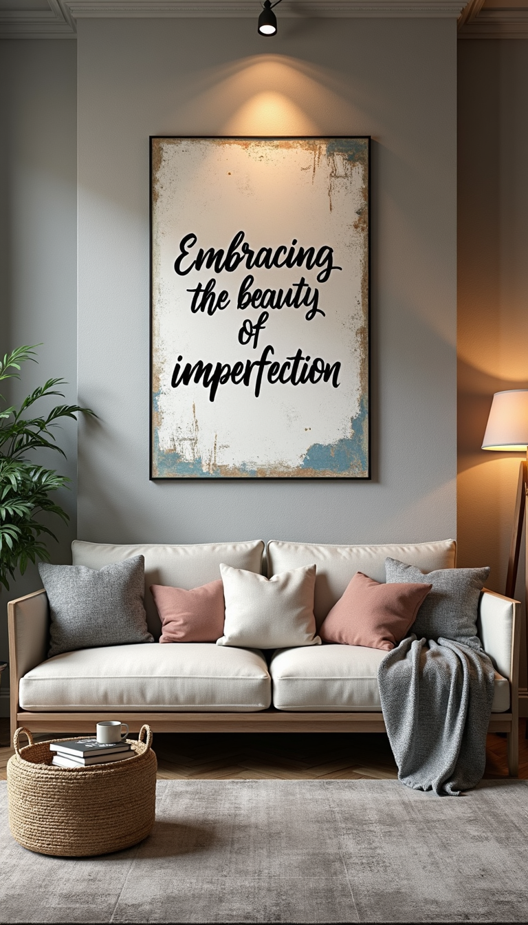  a high-resolution image of a modern living room with a bold, stencil wall art design, featuring a large, distressed canvas-style quote overlayed on a textured, grey-brown wall background, with a warm, cozy ambiance and subtle hints of golden hour lighting. The quote, 'Embracing the beauty of imperfection,' should be written in a elegant, cursive font, with a mix of uppercase and lowercase letters, and a subtle texture that resembles aged canvas. 