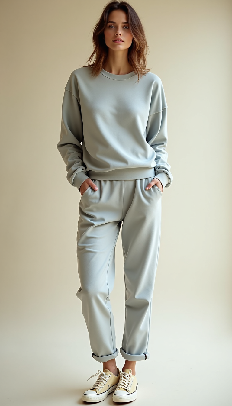 Women wearing Minimal Crewneck Sweatshirt + Straight Pants + Sneakers