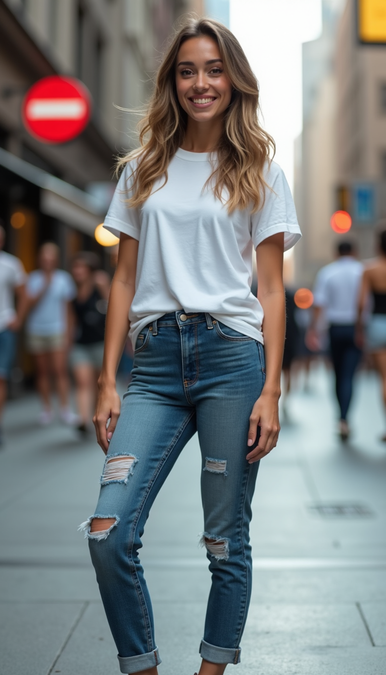 A minimalist women's outfit featuring a classic, fitted white t-shirt paired with high-waisted straight-leg blue jeans, styled with clean white sneakers. The foreground includes the outfit displayed on a simple, elegant mannequin against a soft, neutral backdrop. In the middle ground, a gently lit dressing room setting with warm, natural light pouring in from a nearby window, softly illuminating the textures of the fabric. The background is a blurred view of a neatly organized closet filled with muted hues, conveying a serene atmosphere. The overall mood is casual, stylish, and inviting, perfect for showcasing essential wardrobe staples in a contemporary setting. The image is captured using a shallow depth of field, enhancing focus on the outfit.