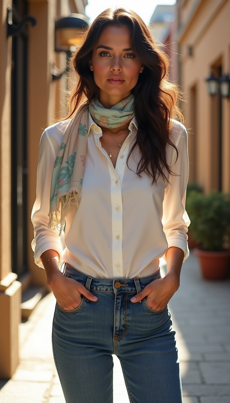 Woman wearing a white button-down blouse, blue jeans, and a light patterned scarf, standing in a sunlit narrow street with hands in pockets and a relaxed, minimalist casual style.
