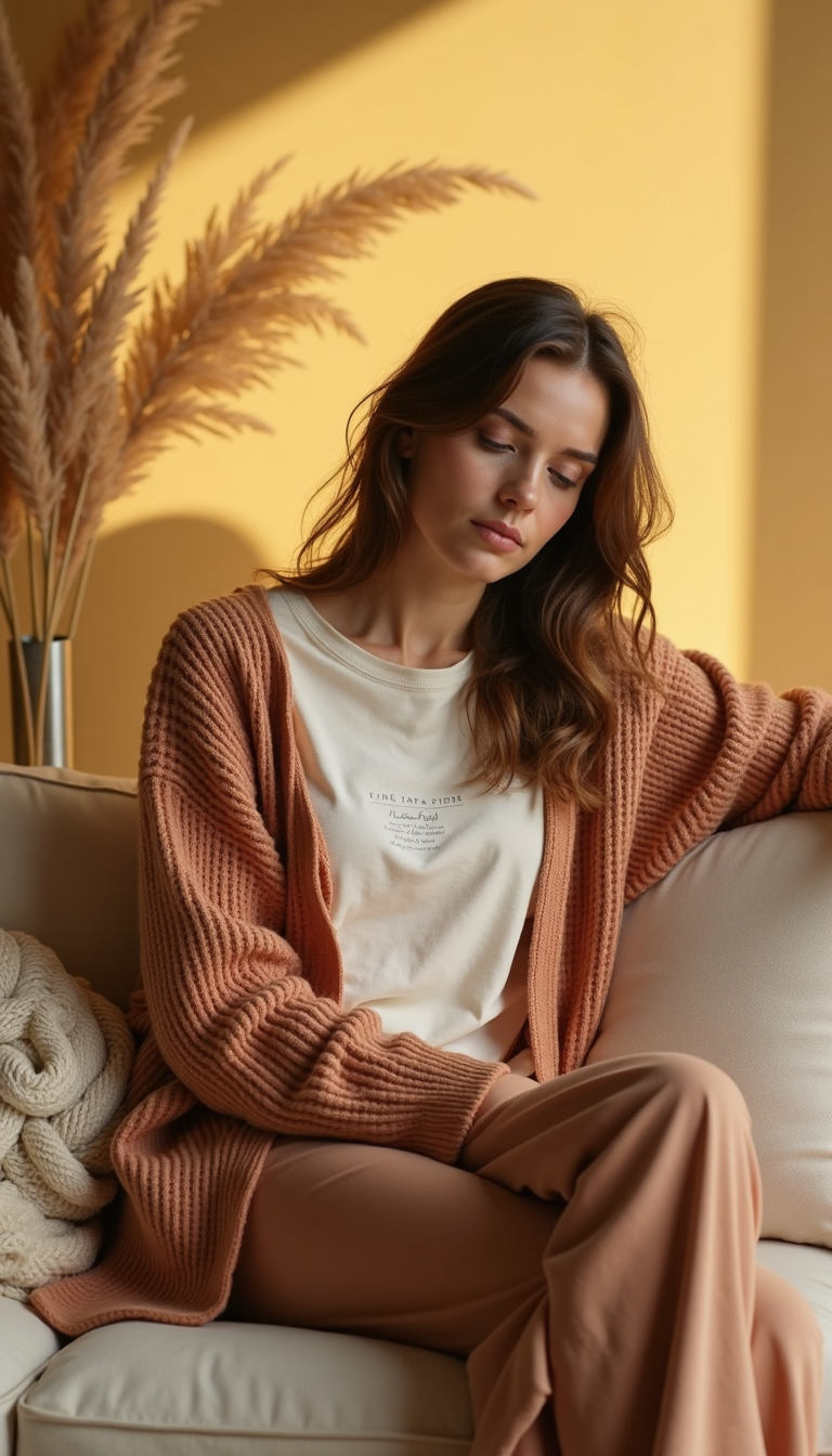 Woman wearing a neutral-toned casual outfit with a soft knit cardigan and relaxed pants, sitting on a beige sofa in a warm, minimalist living room with pampas grass decor.