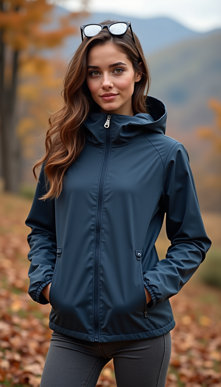 Woman wearing a navy hooded jacket and gray leggings, standing outdoors in an autumn forest with mountains in the background