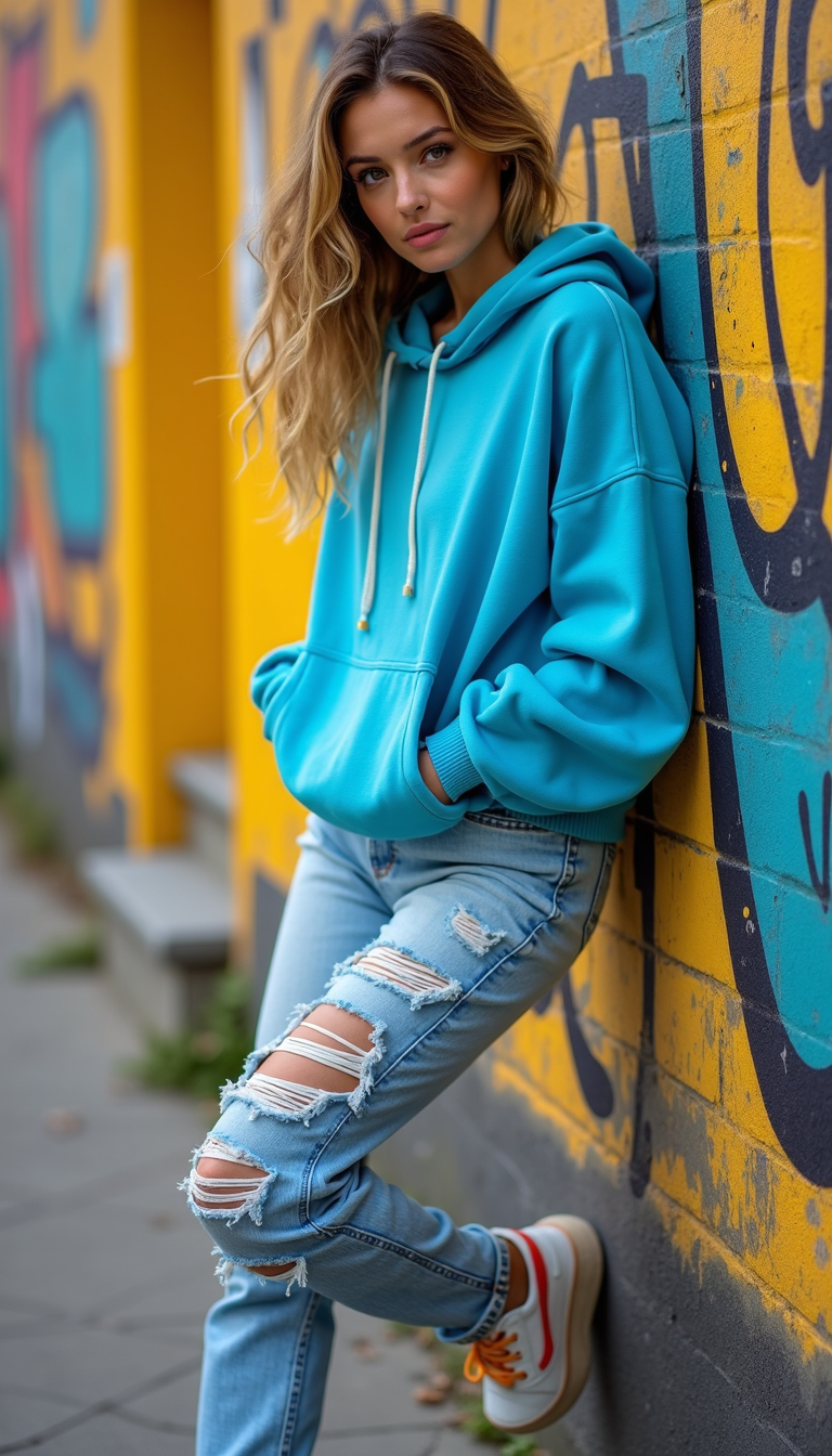 Young woman wearing a teal oversized hoodie with distressed light-wash ripped jeans and white sneakers, leaning against a colorful urban graffiti wall for a casual street style look