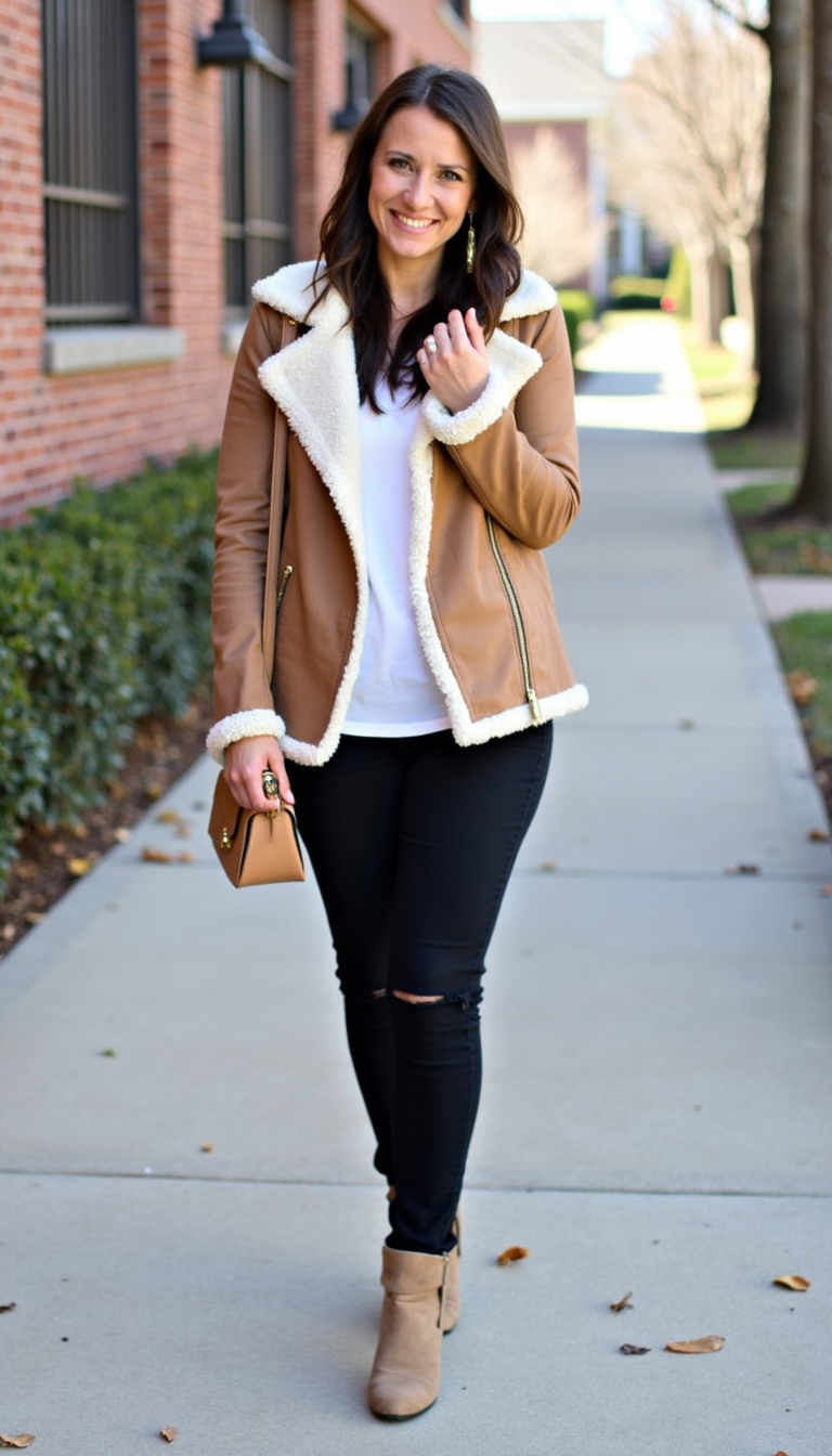 Woman wearing a tan shearling jacket with black skinny jeans, white top, ankle boots, and a neutral handbag, walking outdoors in a casual fall outfit