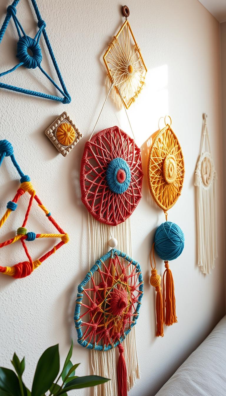 Intricate yarn-wrapped geometric wall hangings displayed on a textured neutral-colored wall. The foreground features a series of vibrant geometric forms, including triangles, circles, and diamonds, adorned with colorful, tightly wound yarn in shades of blue, mustard yellow, and terracotta. The middle ground includes a soft, woven macrame background that adds depth and warmth. Natural light from a nearby window softly illuminates the scene, casting gentle shadows and highlighting the textures of the yarn and macrame. The atmosphere is cozy and inviting, evoking a sense of creativity and DIY charm. The composition is captured from a slightly elevated angle to emphasize the art pieces while maintaining a clean backdrop without distractions.